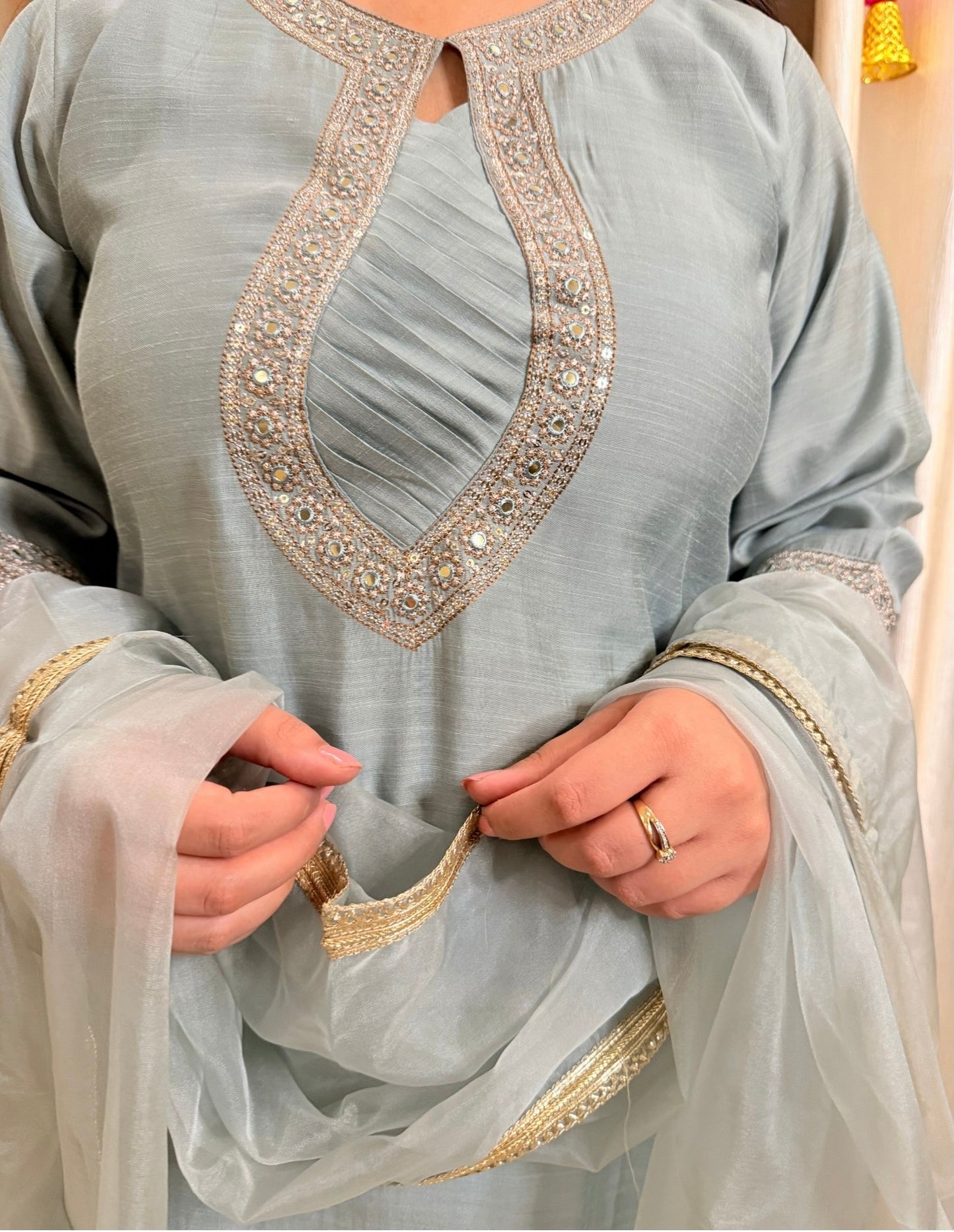 Light blue traditional outfit with intricate gold embroidery MEGHGREYISHBLUEFESTIVESUIT