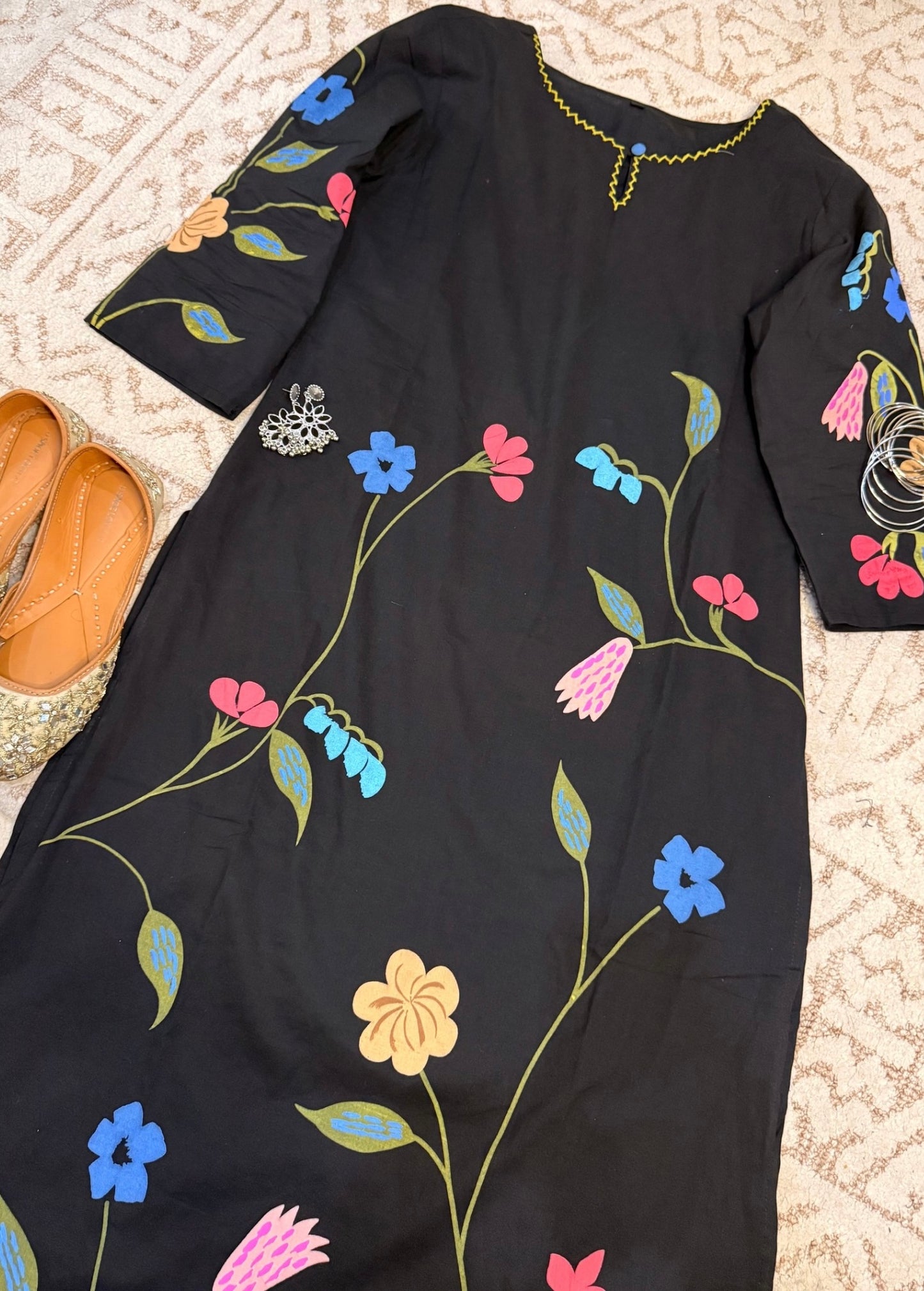 Midnight Bloom Hand Painted Cotton Kurta Set