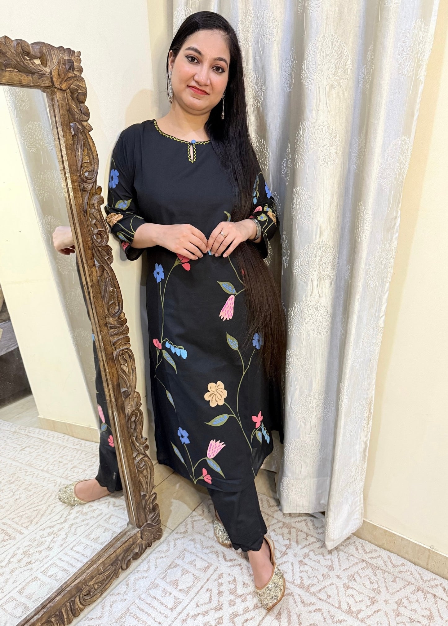 Midnight Bloom Hand Painted Cotton Kurta Set