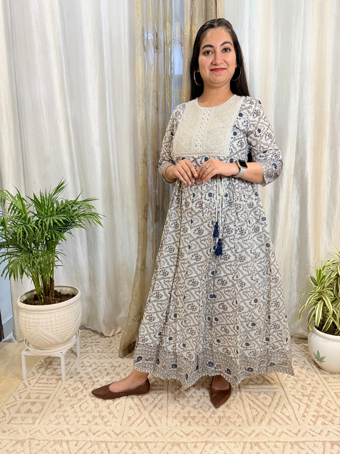 Printed Mul Cotton Anarkali – Blue & Pink with Sequin and Thread Embroidery