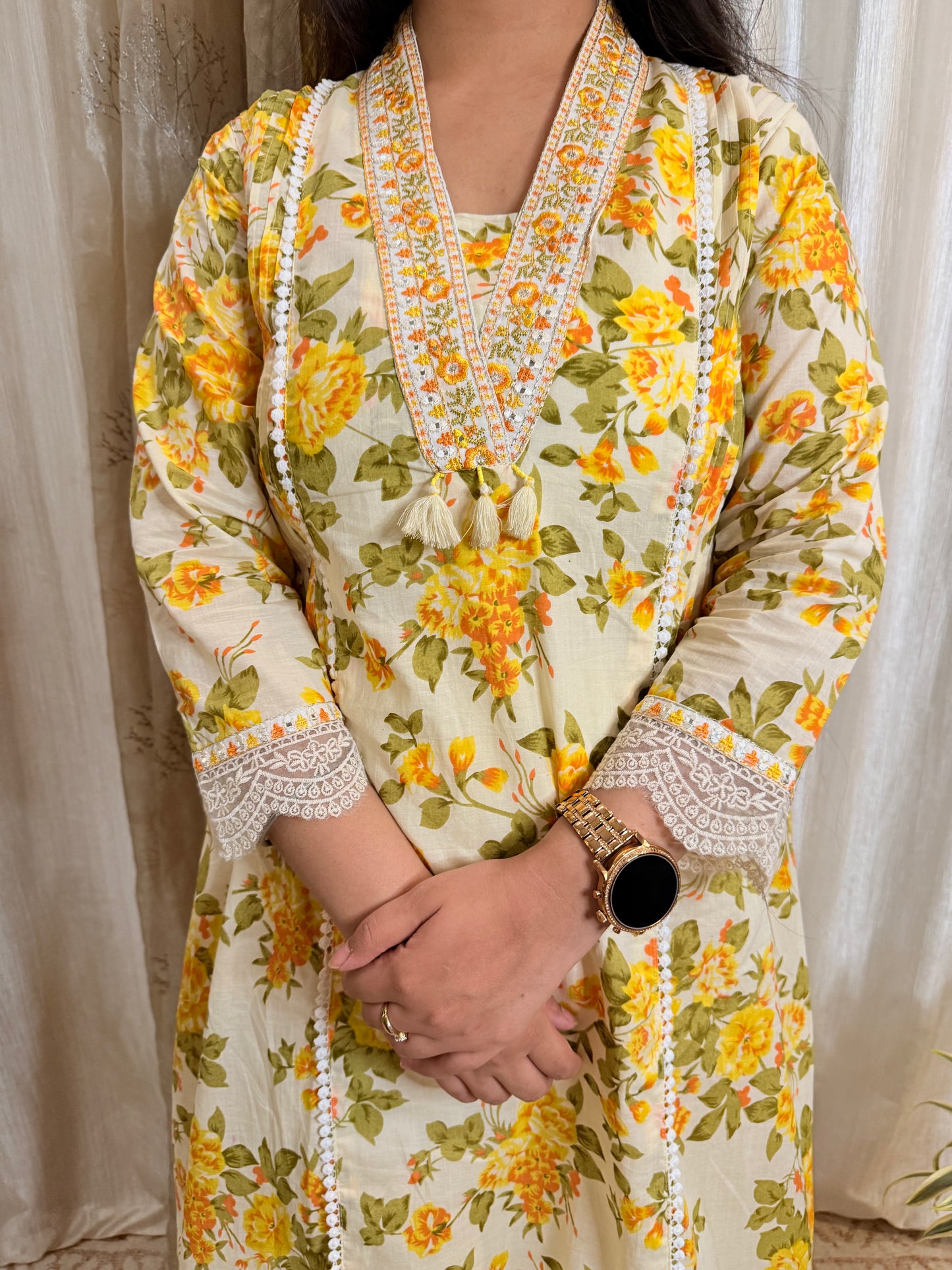 Sunshine Bloom Cotton Suit with Delicate Lace Detailing