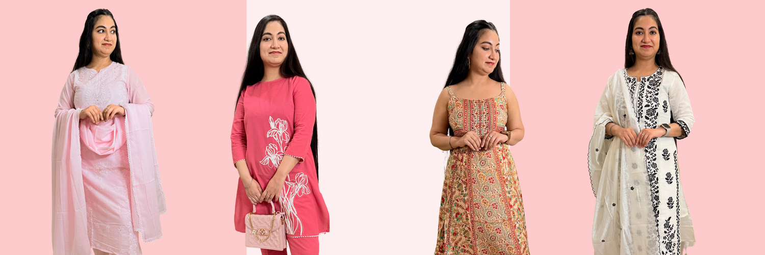 A diverse collection of women's fashion products, showcasing Anarkali Suits, Kurta Sets, Dresses, and Coord Sets-Themkmaan
