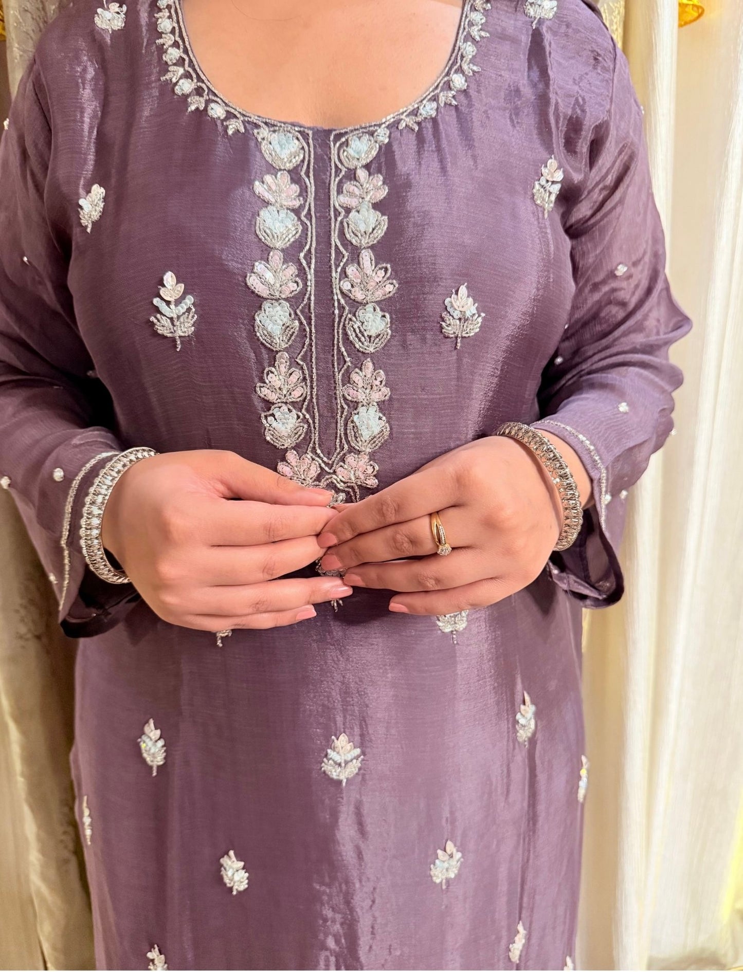 Purple embroidered traditional outfit with floral patterns Blooming Mauve Embroidered Chinon Suit