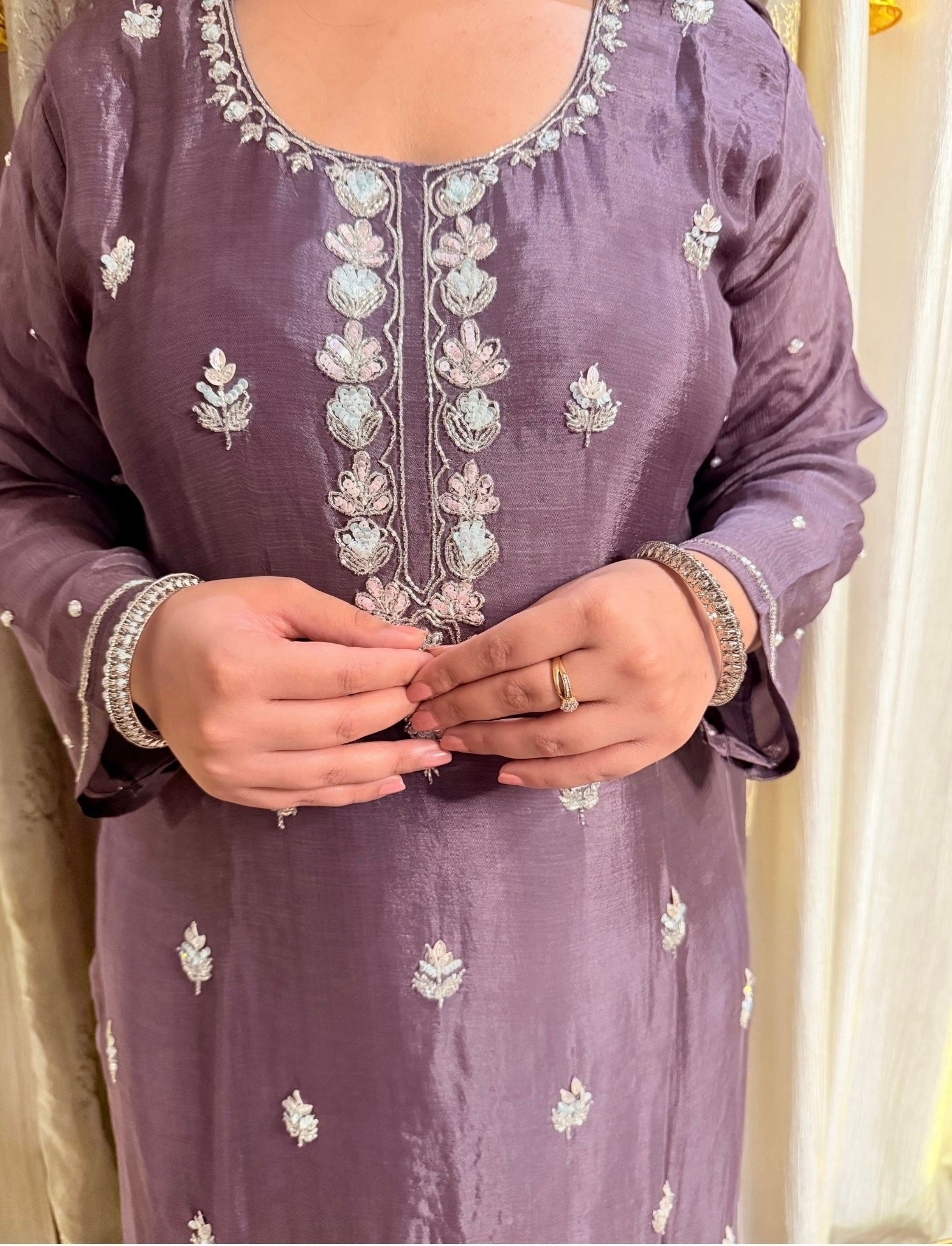 Purple embroidered traditional outfit with floral patterns Blooming Mauve Embroidered Chinon Suit
