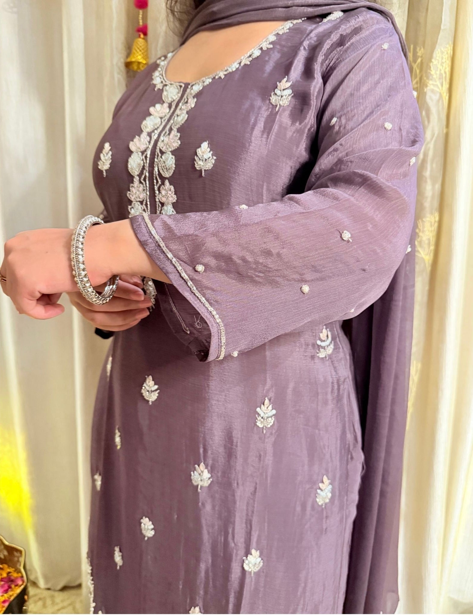 Blooming Mauve Embroidered Chinon Suit
