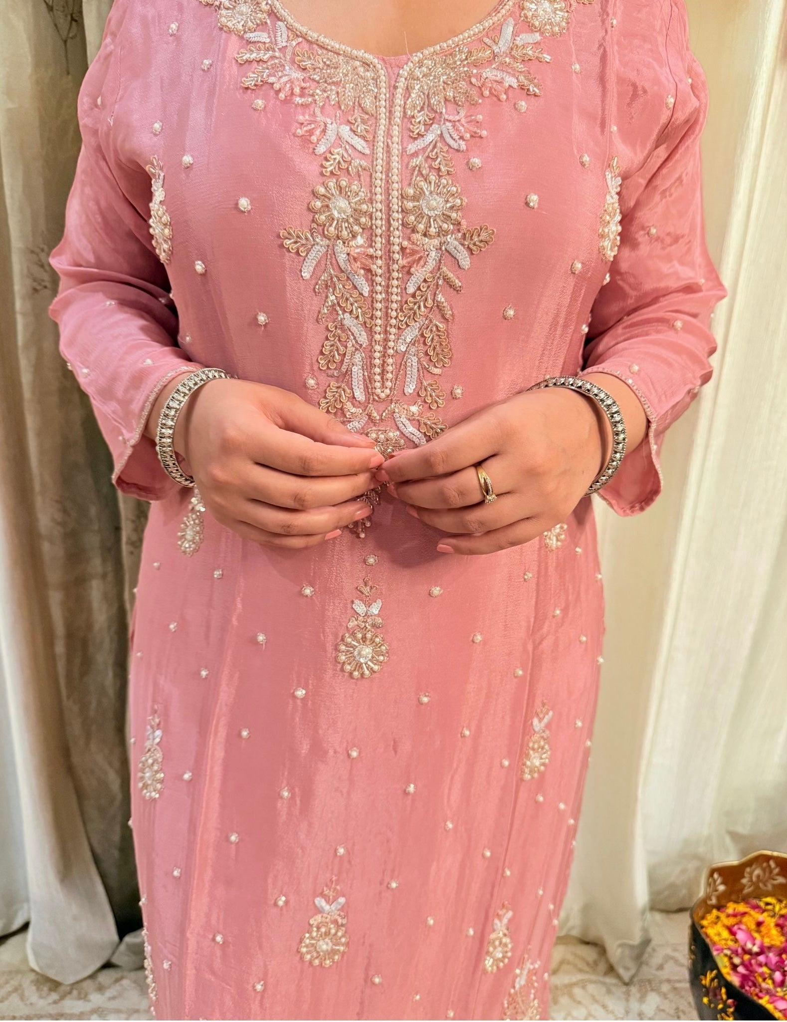 Pink embroidered dress with intricate detailing on a neutral background DUSTY_ROSE_EMBROIDERED_CHINON_SUIT