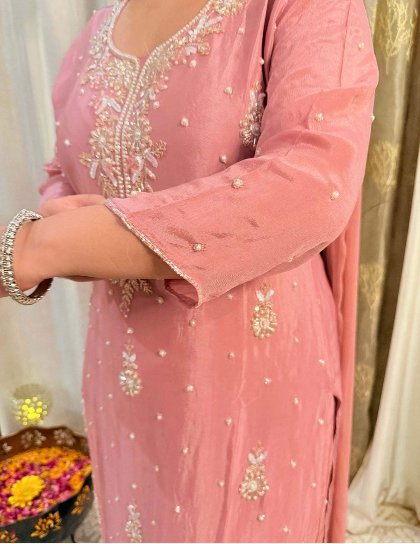 Pink embroidered traditional outfit with gold details on a neutral background DUSTY_ROSE_EMBROIDERED_CHINON_SUIT