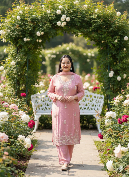 Dusty Rose Embroidered Chinon Suit