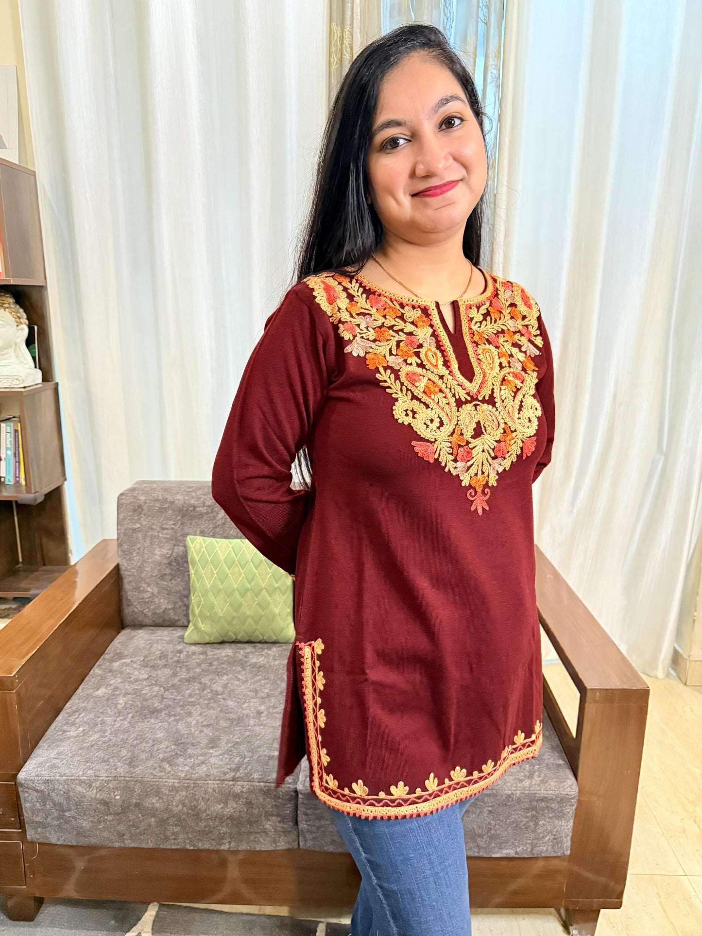 Gulmohar Maroon Embroidered Kashmiri Woollen Kurti