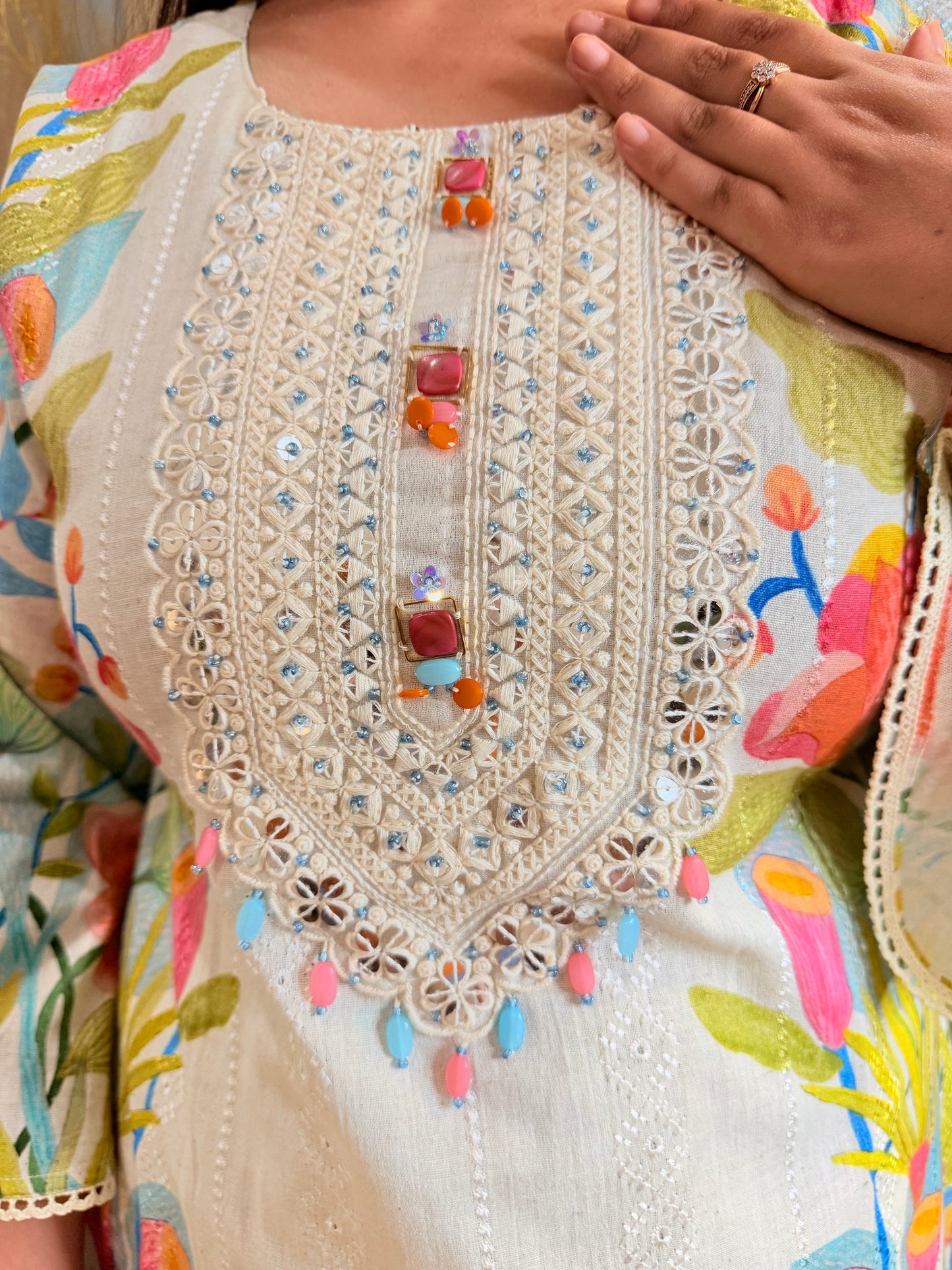 Ivory Embroidered Cotton Flex Coord Set with Floral Accents