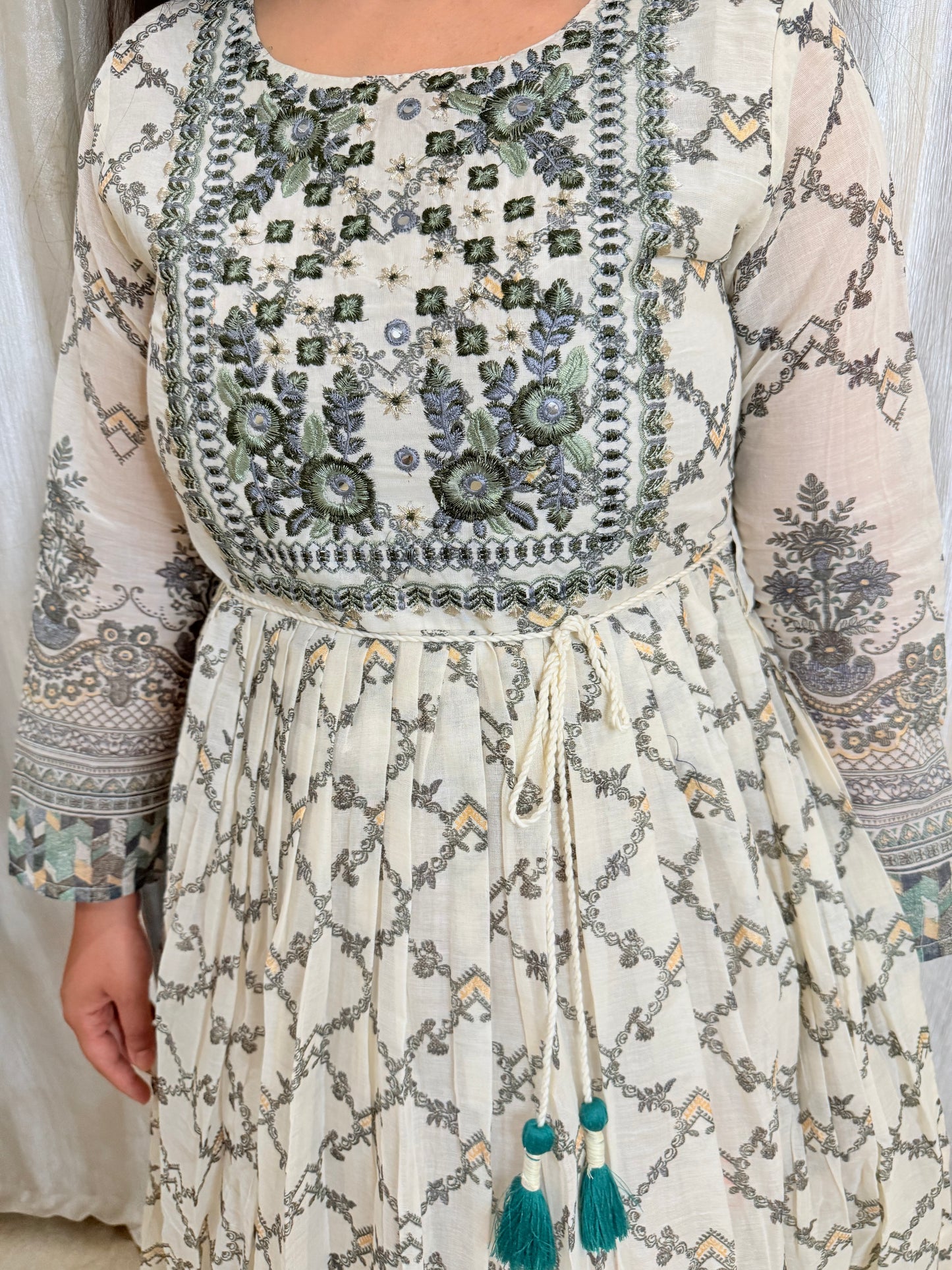 Ivory Printed Mul Cotton Anarkali Dress with Embroidered Yoke