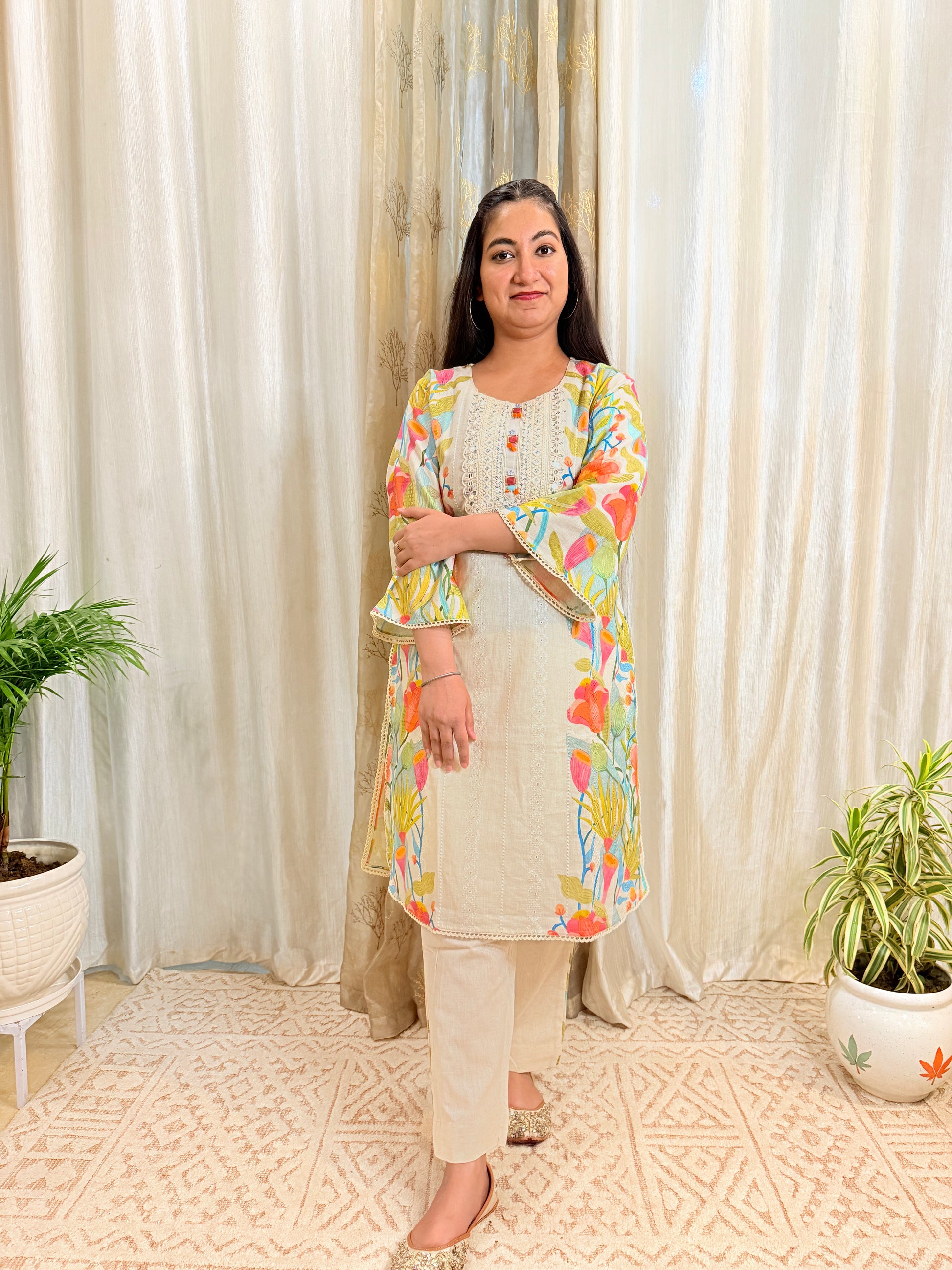 Ivory Embroidered Cotton Flex Coord Set with Floral Accents