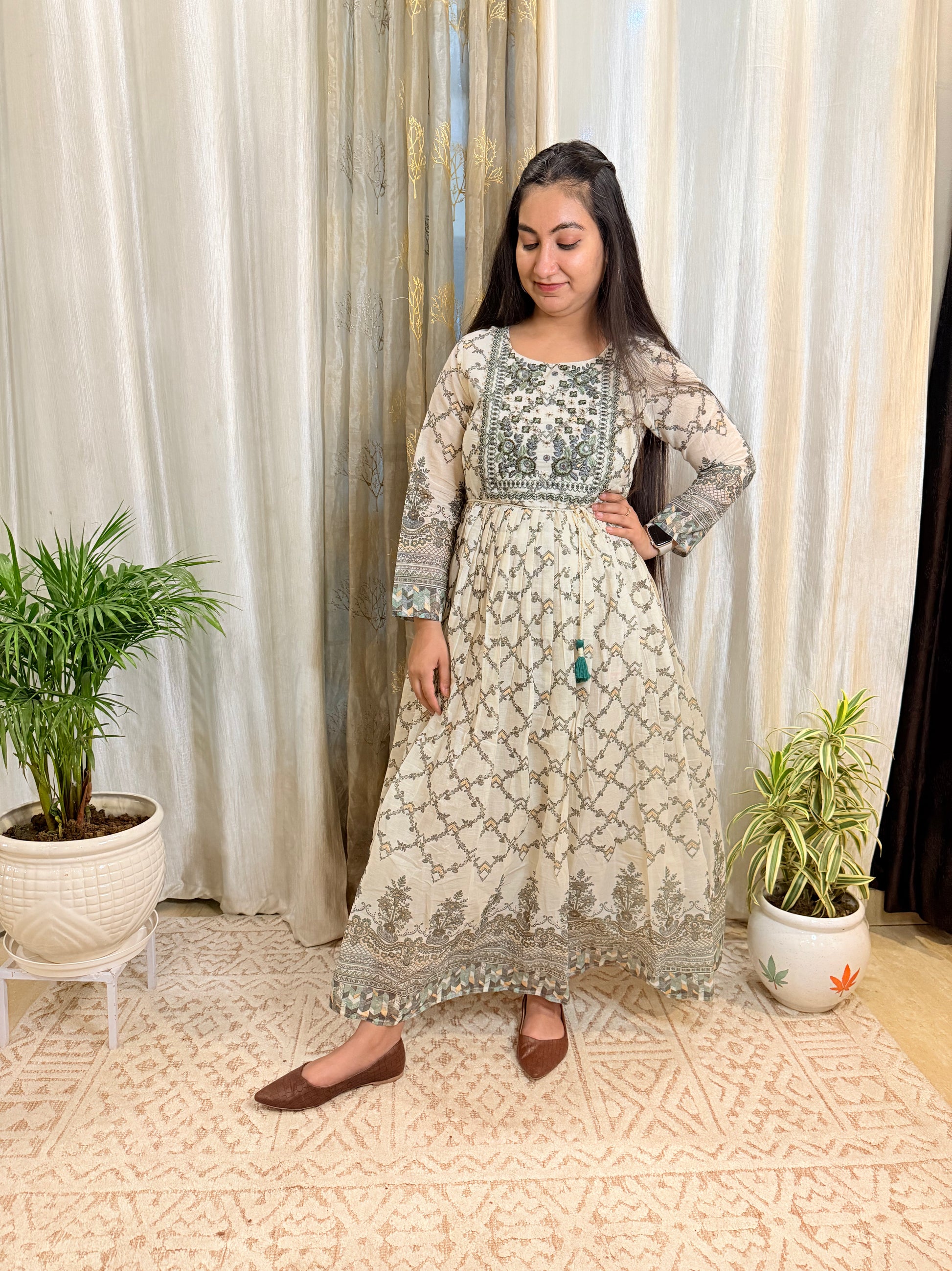 Ivory Printed Mul Cotton Anarkali Dress with Embroidered Yoke