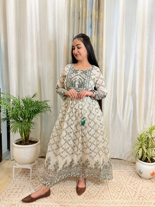 Ivory Printed Mul Cotton Anarkali Dress with Embroidered Yoke
