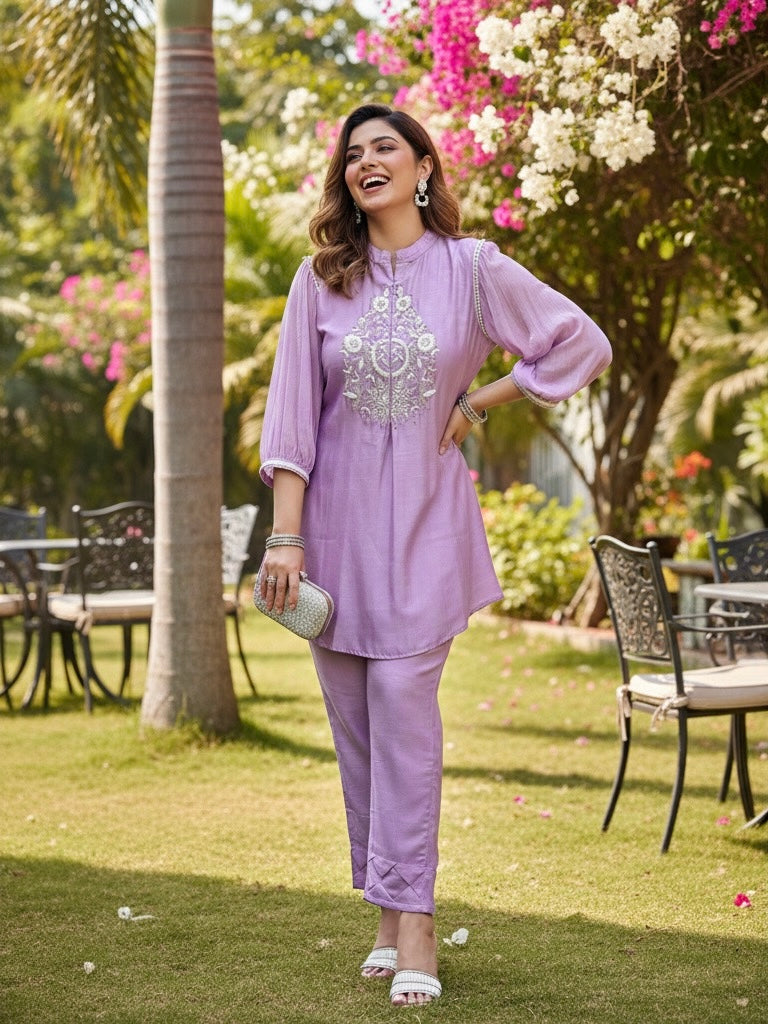 Woman in a lLavender Meadows Embroidered Cotton Coord Set standing in a garden. festive cotton coord set