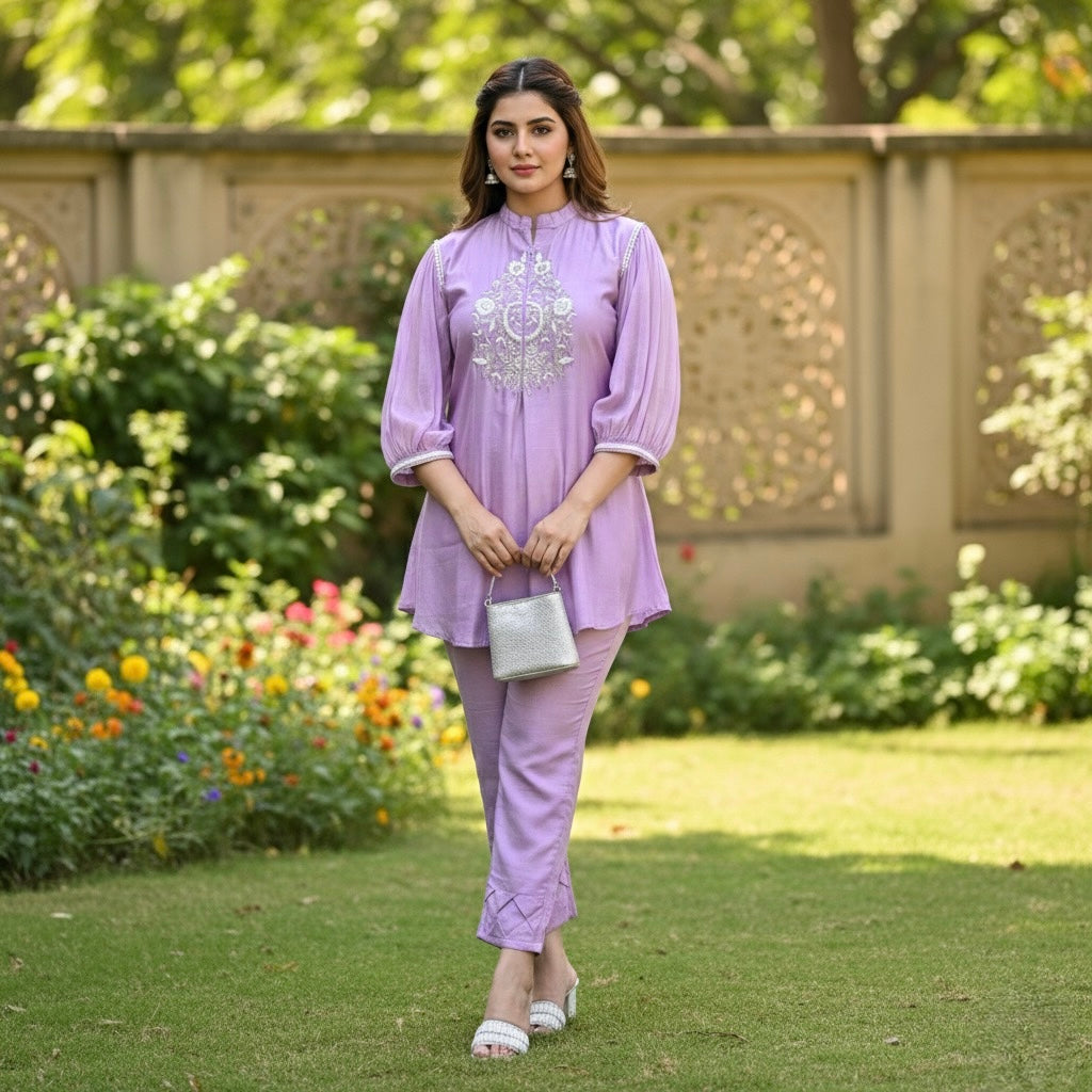 Woman in a lLavender Meadows Embroidered Cotton Coord Set standing in a garden. festive cotton coord set