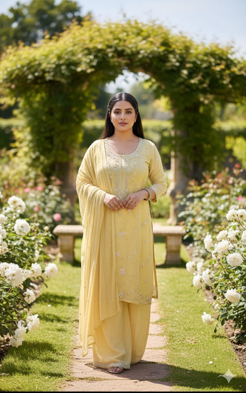 Lemonlight Embroidered Chinon Suit