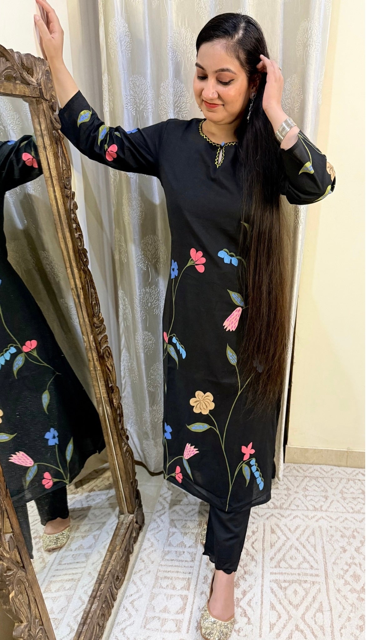 Midnight Bloom Hand Painted Cotton Kurta Set