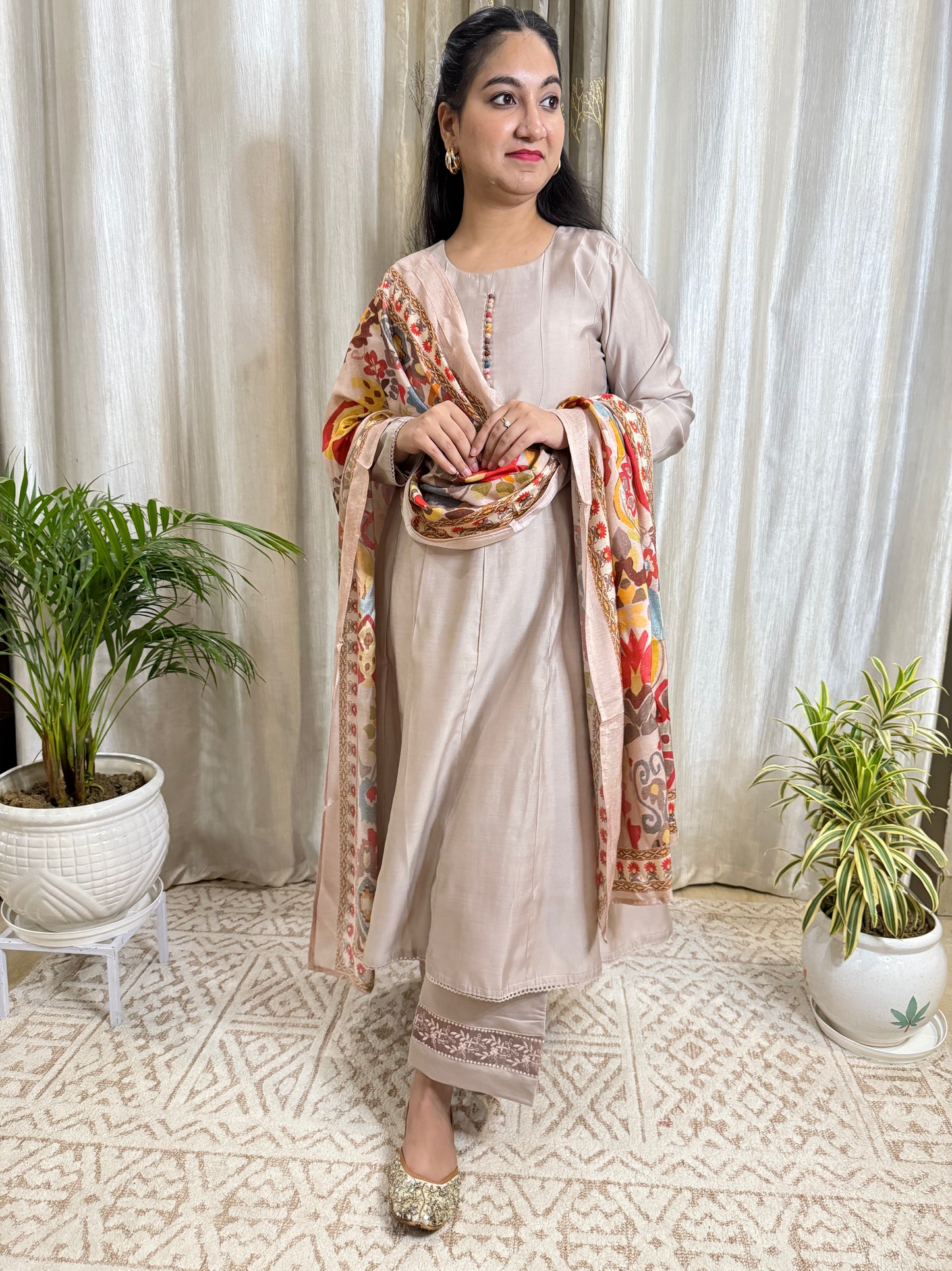 Mouse Grey Modal Muslin Anarkali Suit Set 