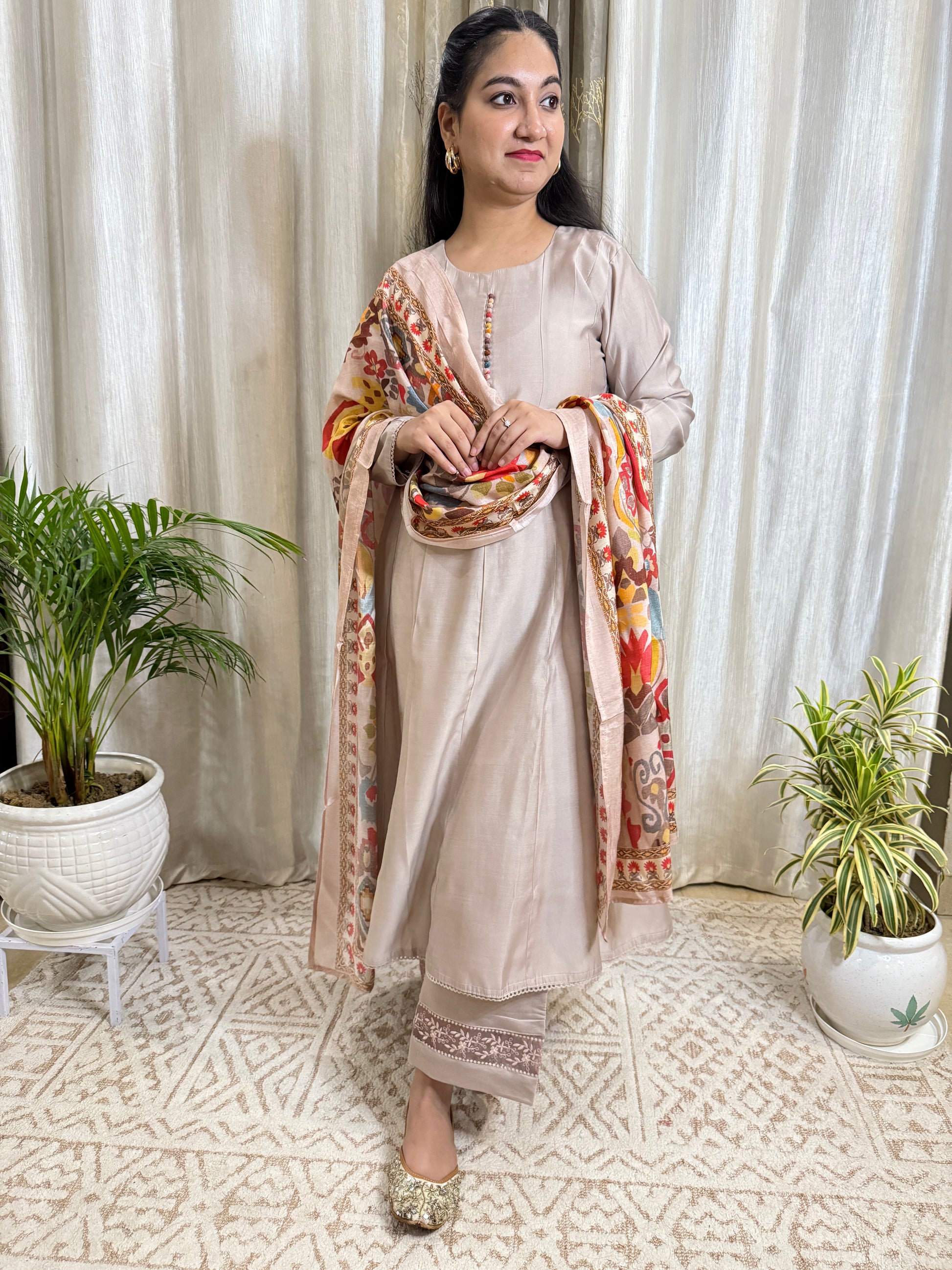 Mouse Grey Modal Muslin Anarkali Suit Set 
