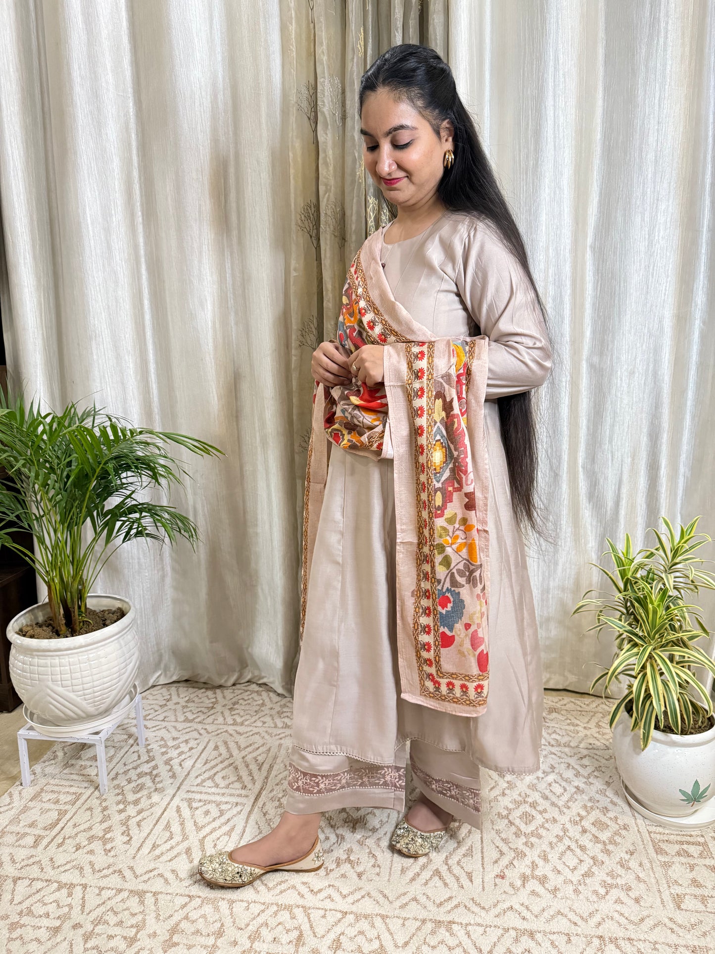 Mouse Grey Modal Muslin Anarkali Suit Set 