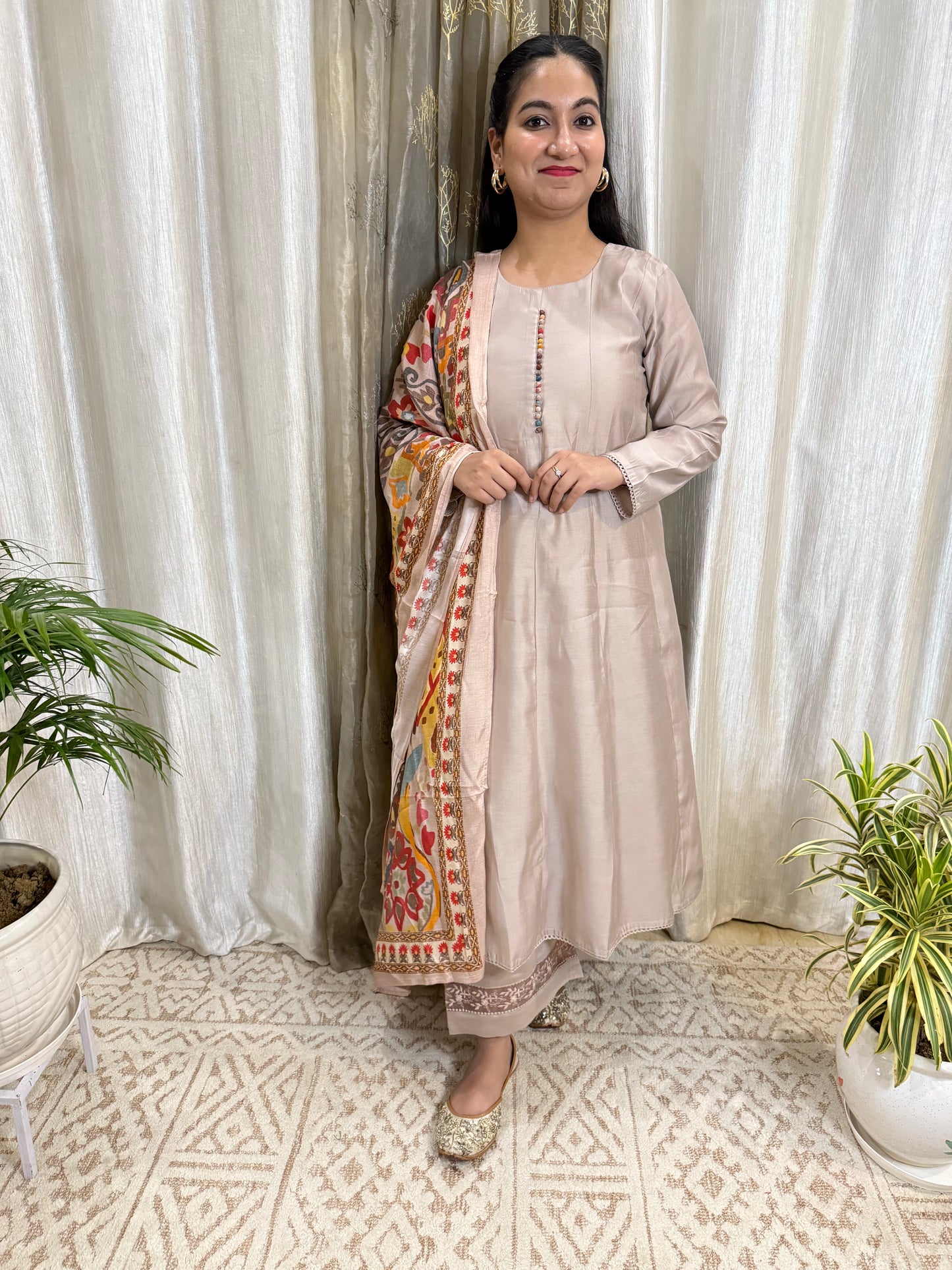 Mouse Grey Modal Muslin Anarkali Suit Set 