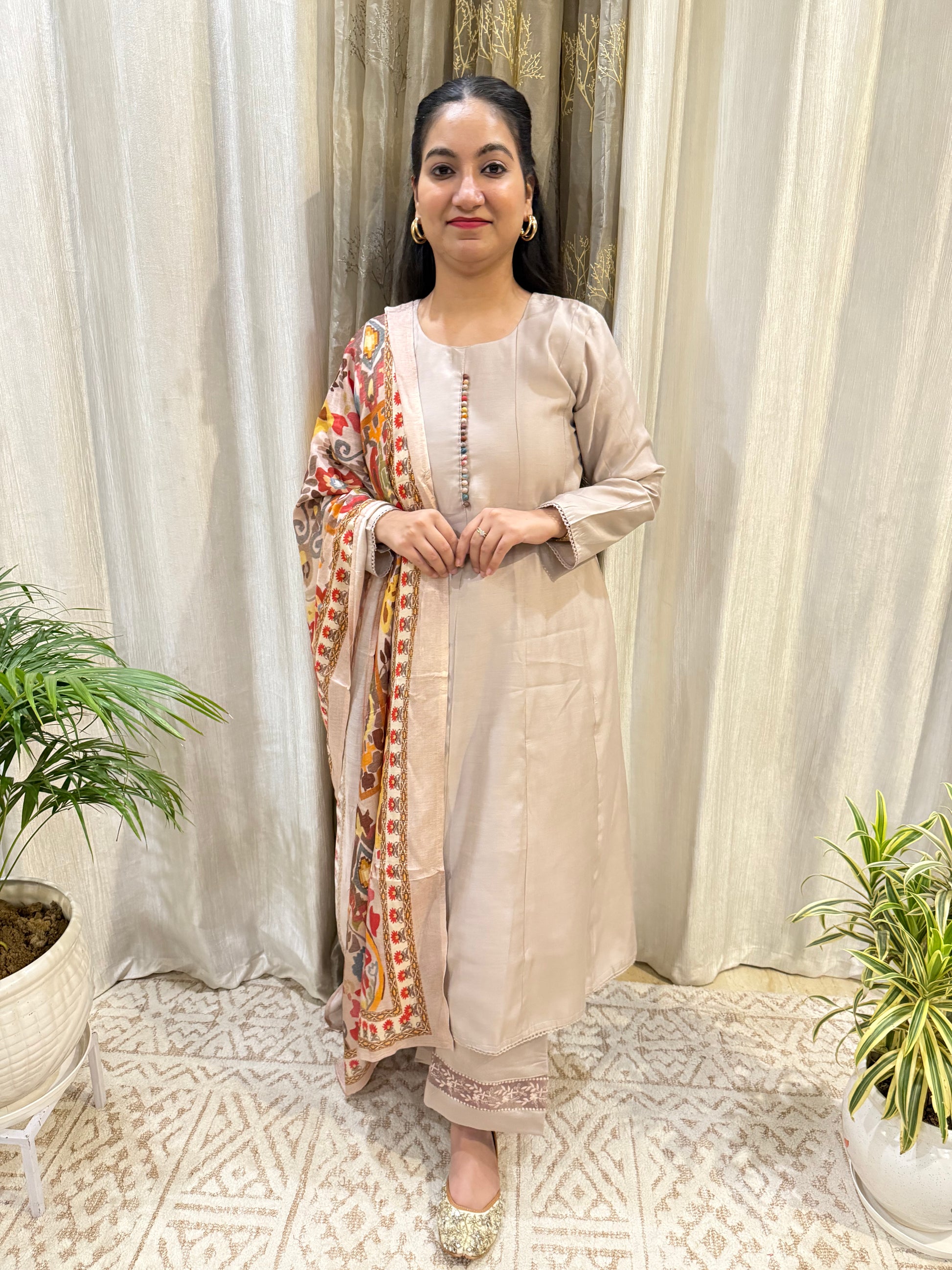 Mouse Grey Modal Muslin Anarkali Suit Set 