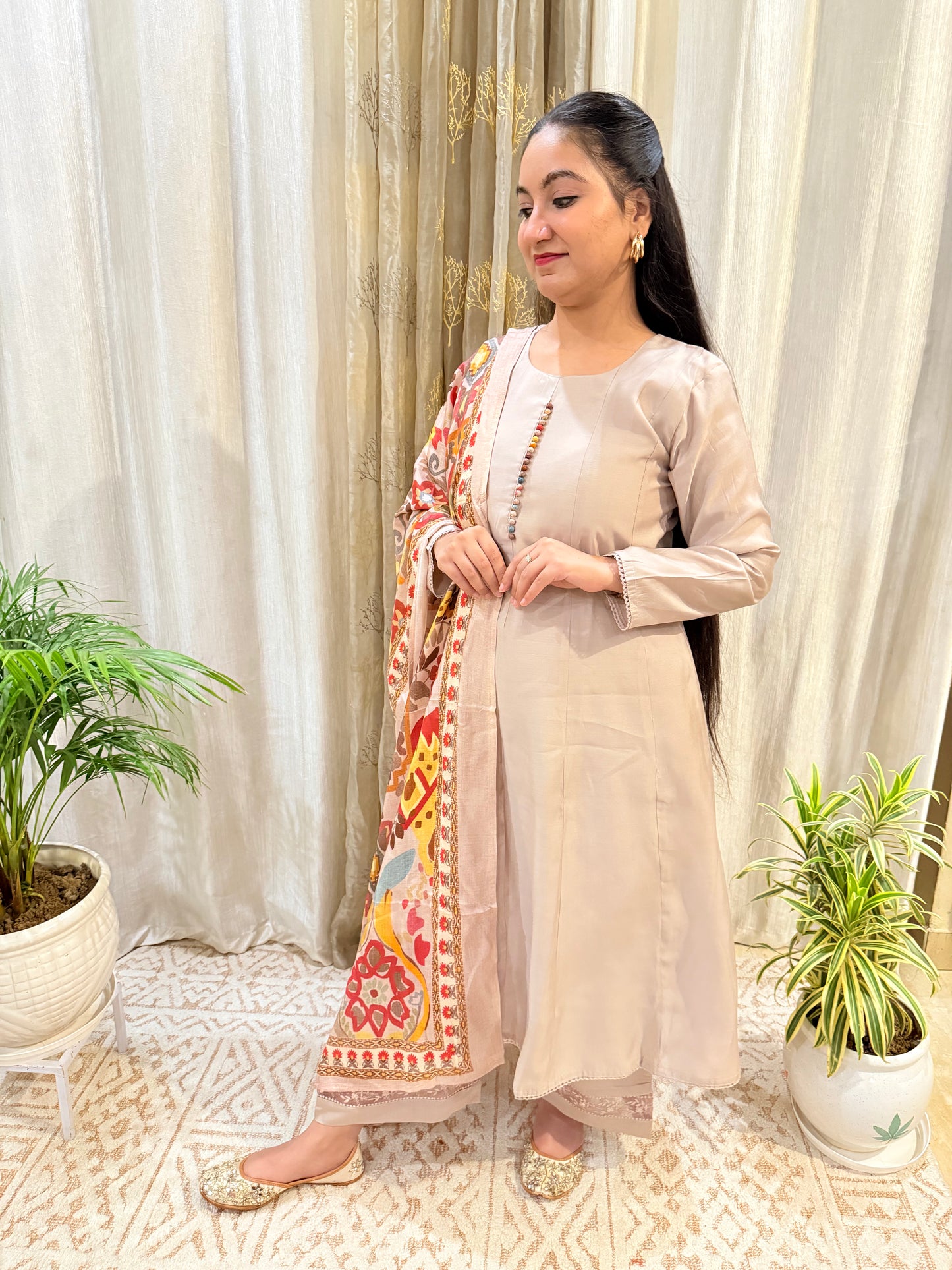 Mouse Grey Modal Muslin Anarkali Suit Set 