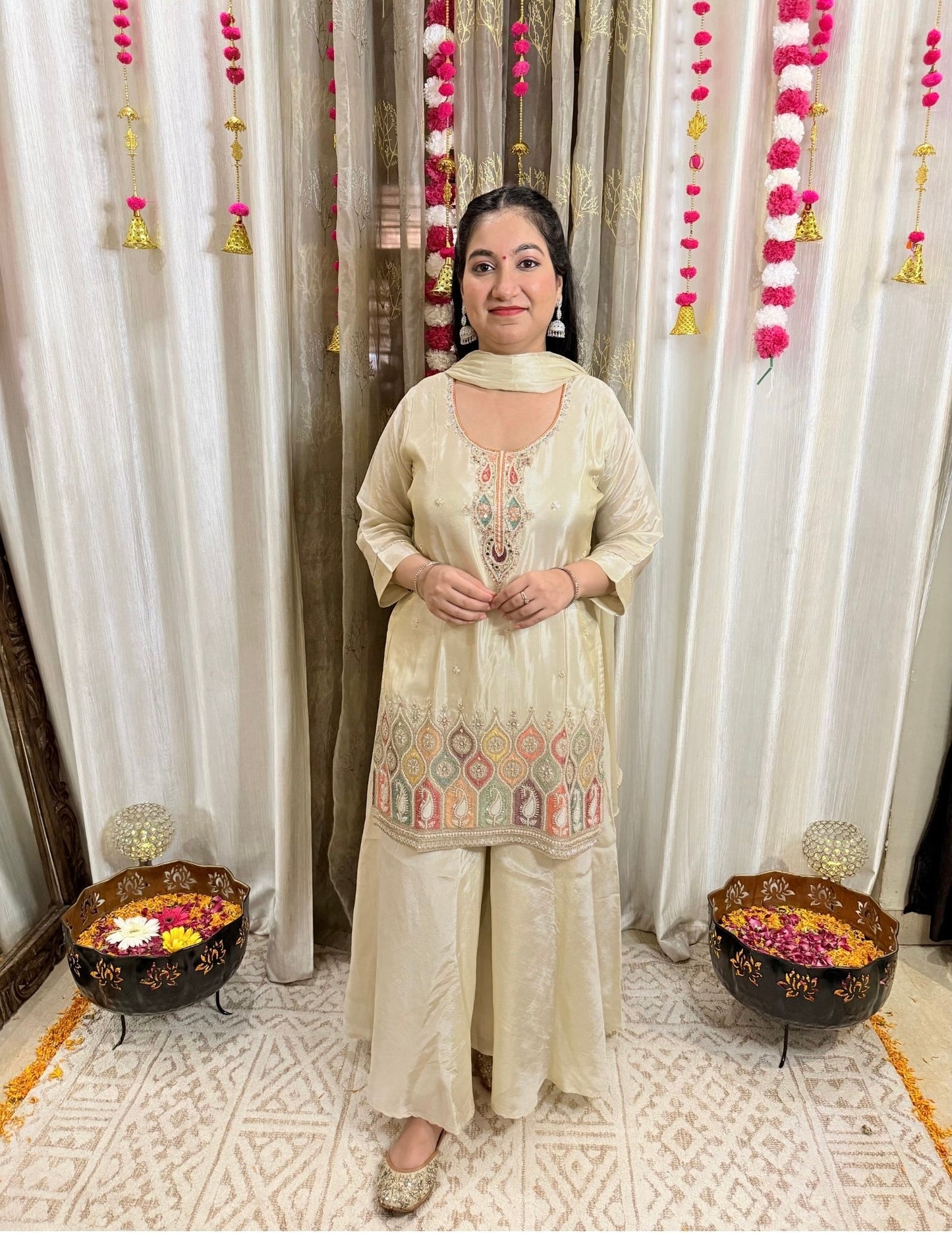 Noor Ivory Embroidered Flared Palazzo Suit