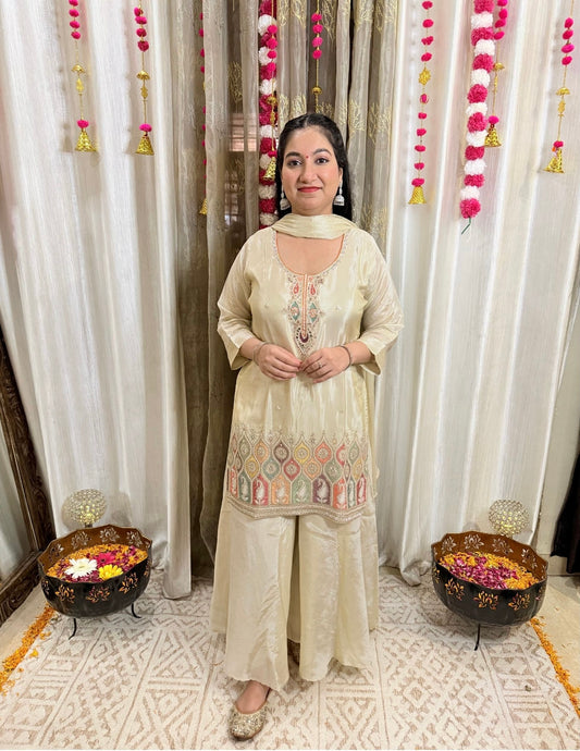 Noor Ivory Embroidered Flared Palazzo Suit