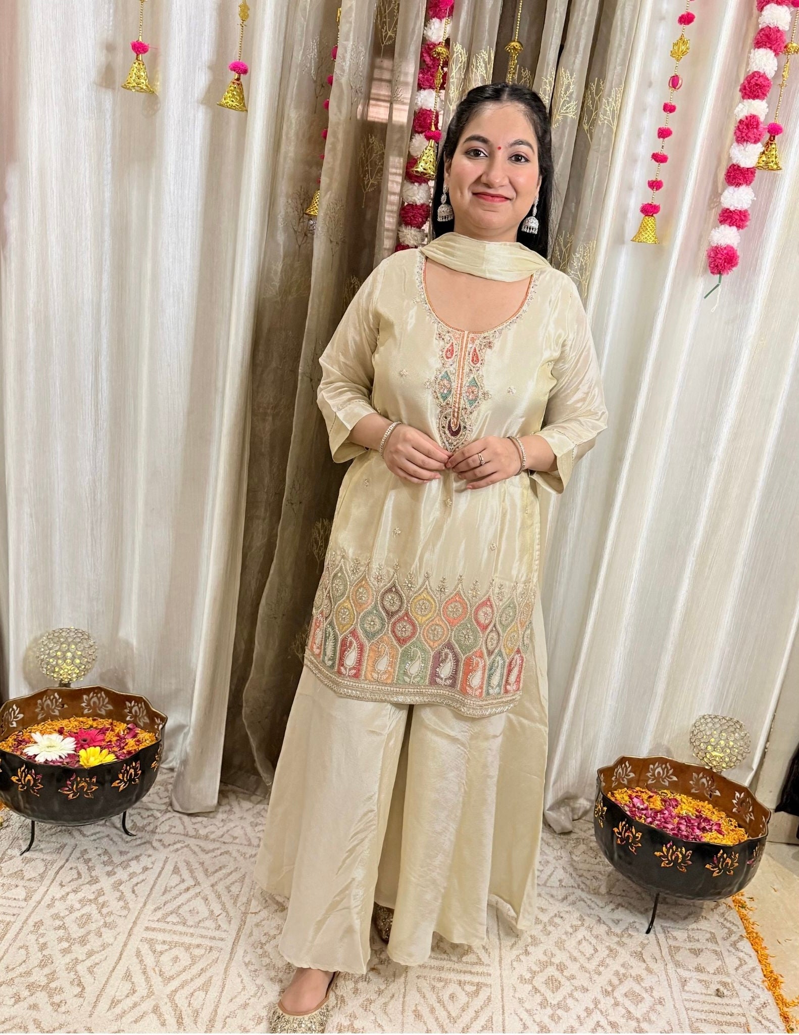 Noor Ivory Embroidered Flared Palazzo Suit