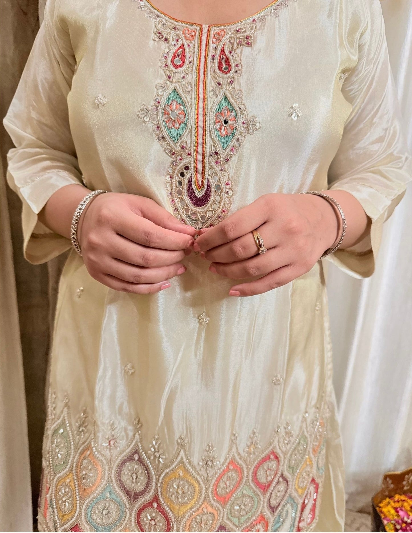 Noor Ivory Embroidered Flared Palazzo Suit