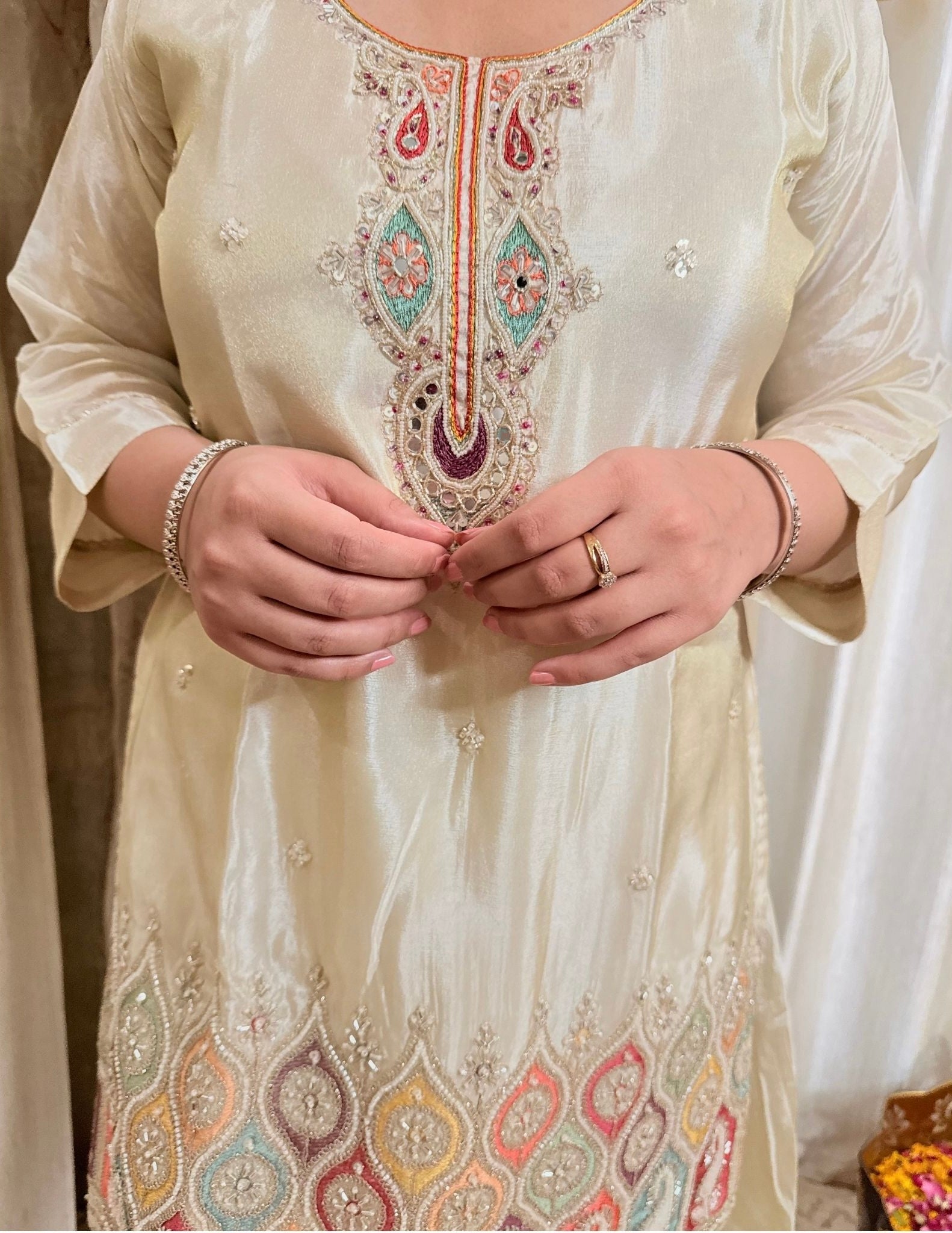Noor Ivory Embroidered Flared Palazzo Suit