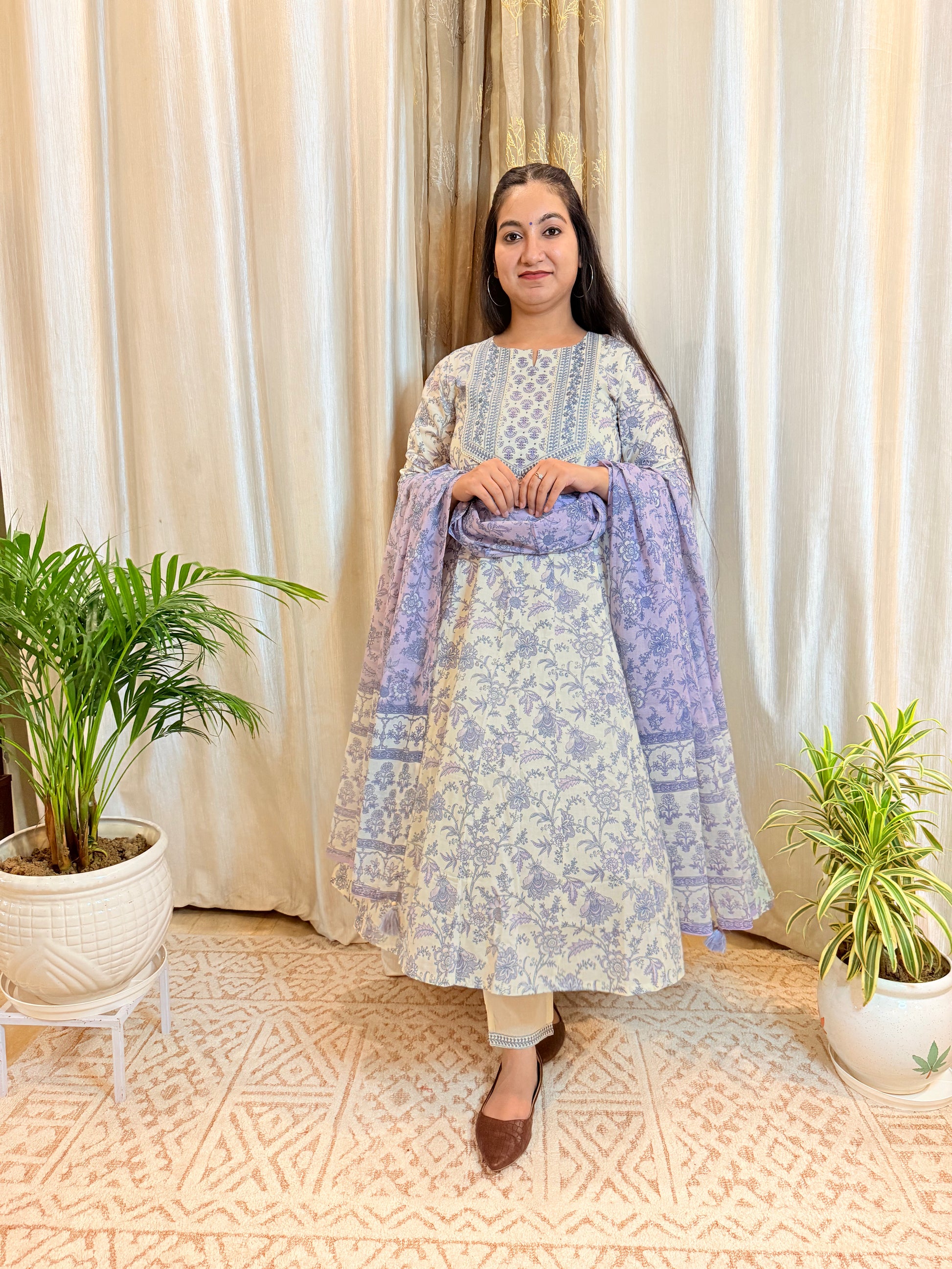 Pastel Charm: Off-White & Lavender Floral Cotton Anarkali Suit Set