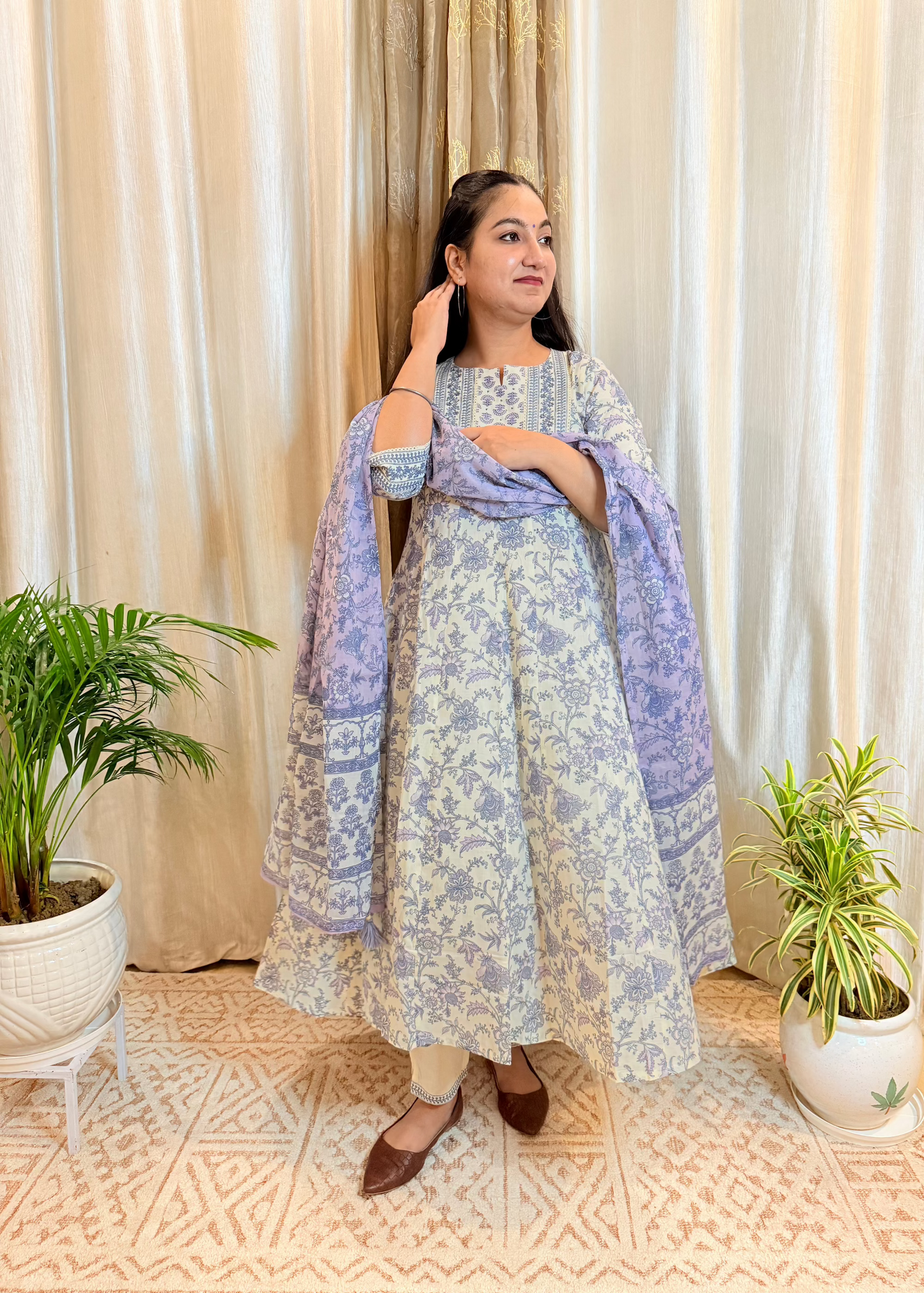 Pastel Charm: Off-White & Lavender Floral Cotton Anarkali Suit Set