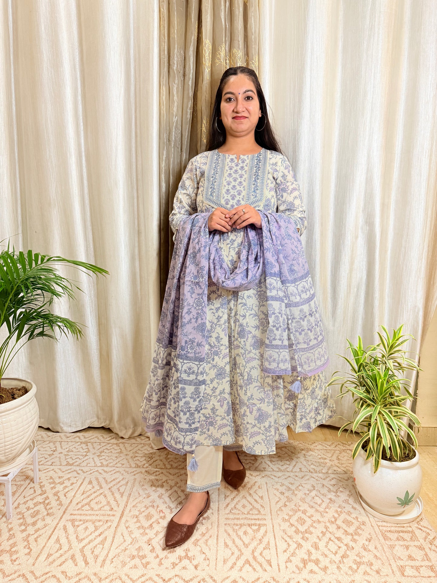 Pastel Charm: Off-White & Lavender Floral Cotton Anarkali Suit Set