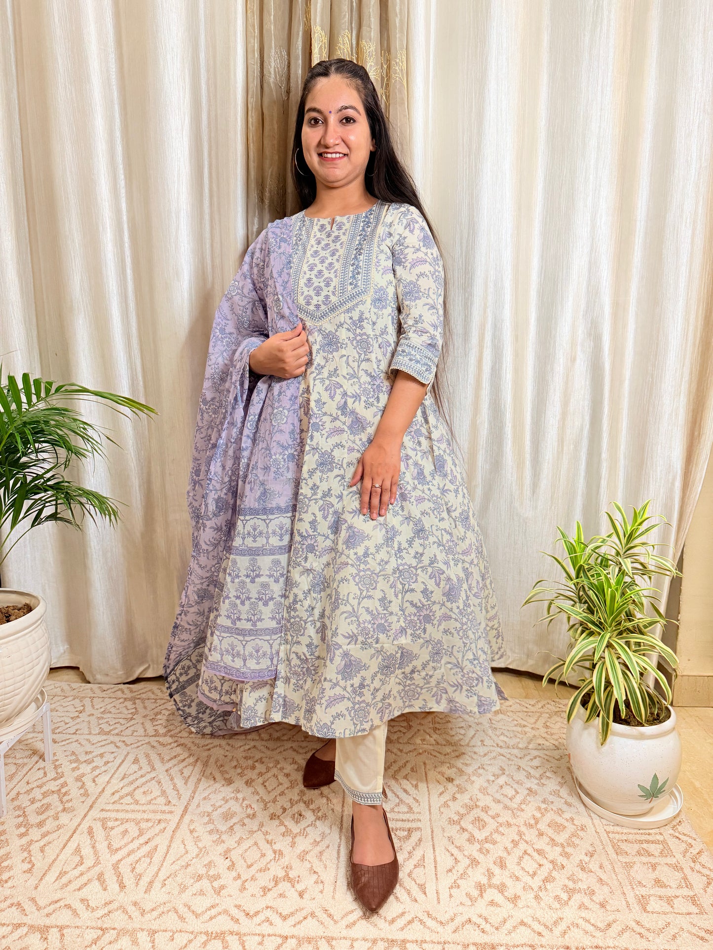 Pastel Charm: Off-White & Lavender Floral Cotton Anarkali Suit Set