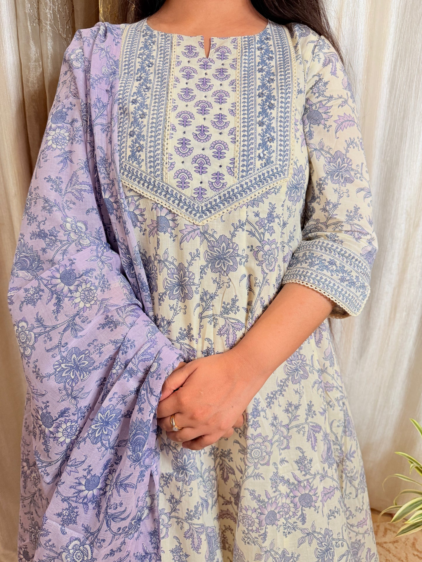 Pastel Charm: Off-White & Lavender Floral Cotton Anarkali Suit Set