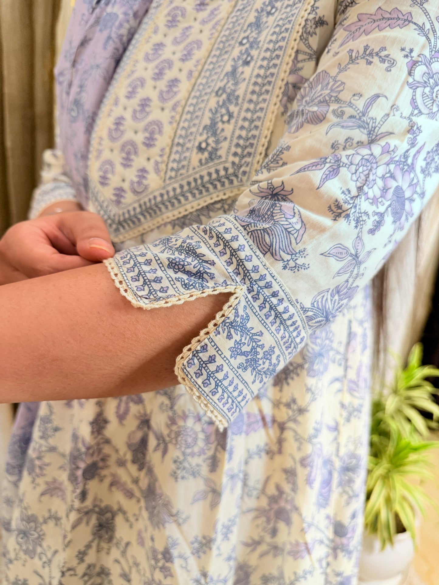 Pastel Charm: Off-White & Lavender Floral Cotton Anarkali Suit Set