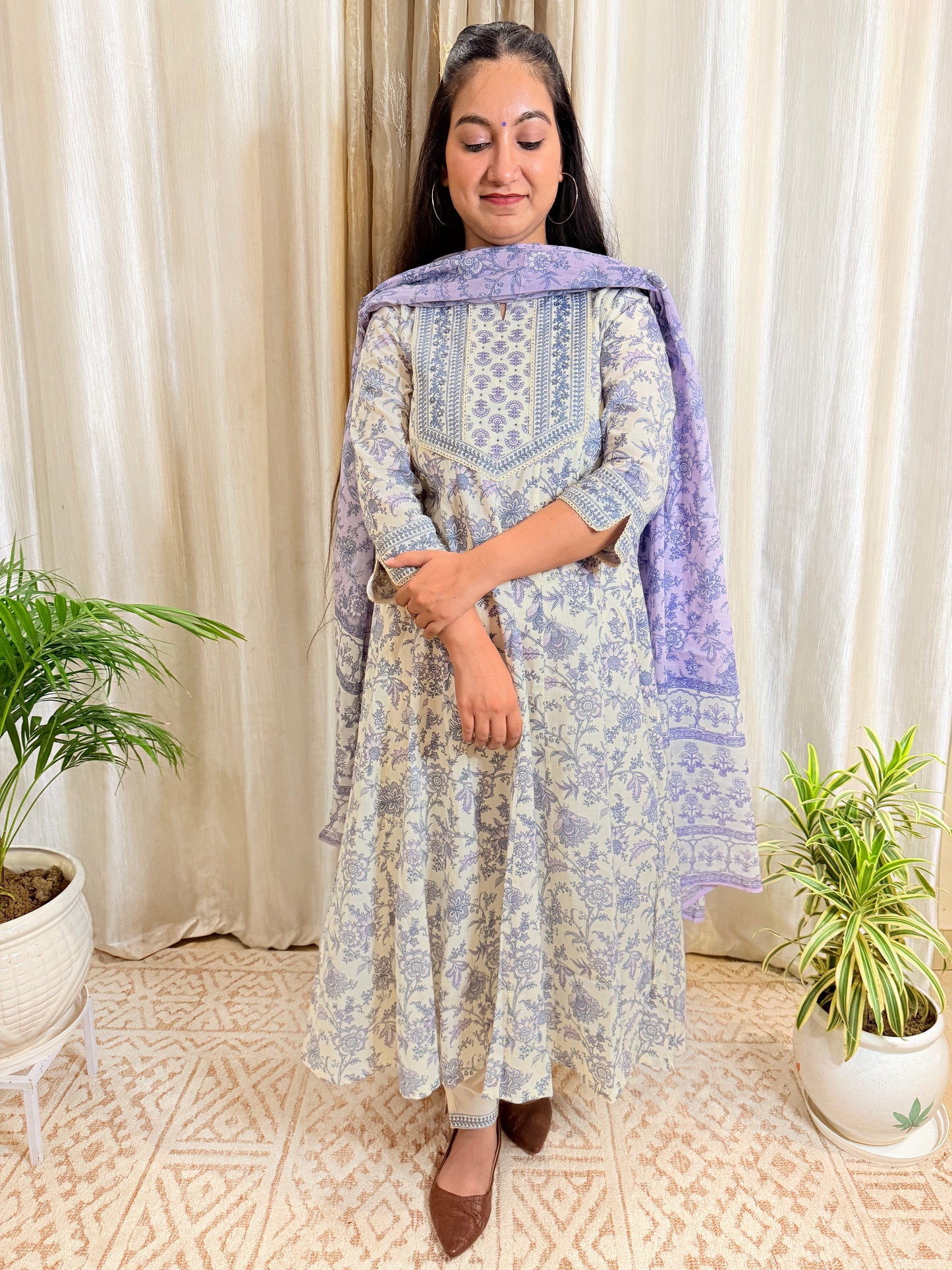 Pastel Charm: Off-White & Lavender Floral Cotton Anarkali Suit Set