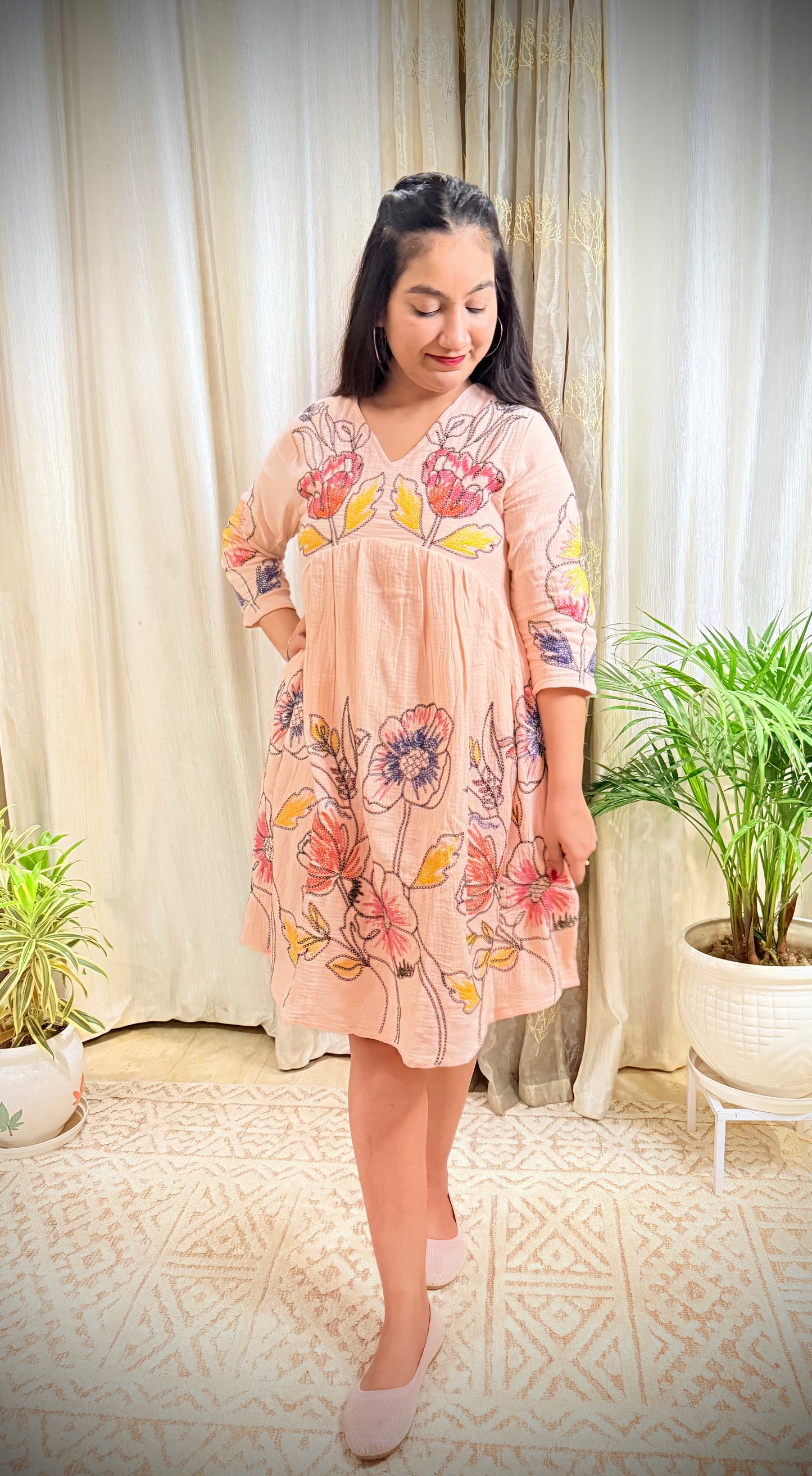 Peach Whisper Embroidered Cotton Dress