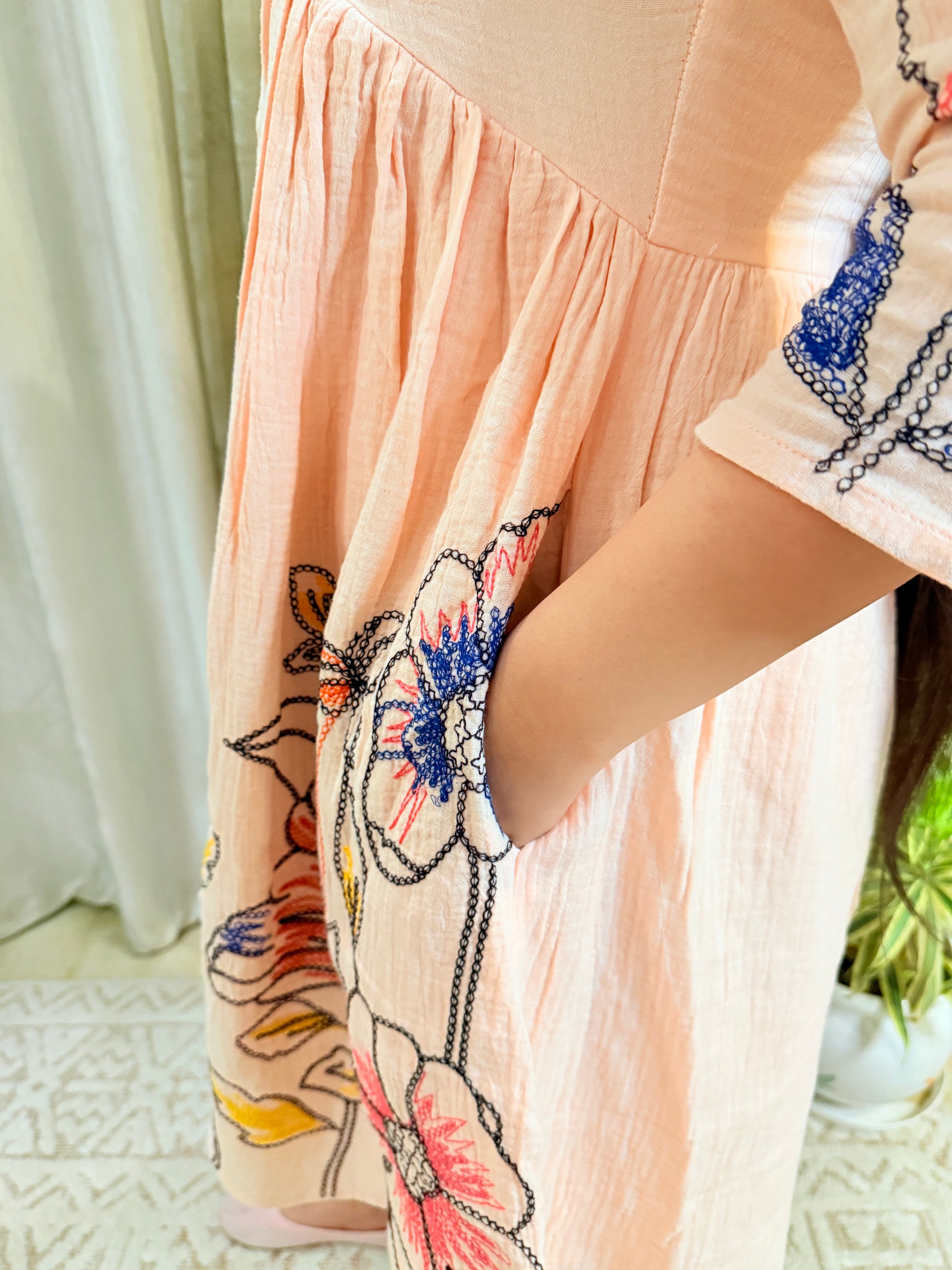 Peach Whisper Embroidered Cotton Dress