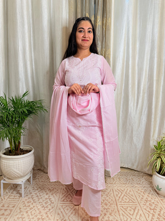 PinkMulCottonChikankariSuitwithSequins themkmaan