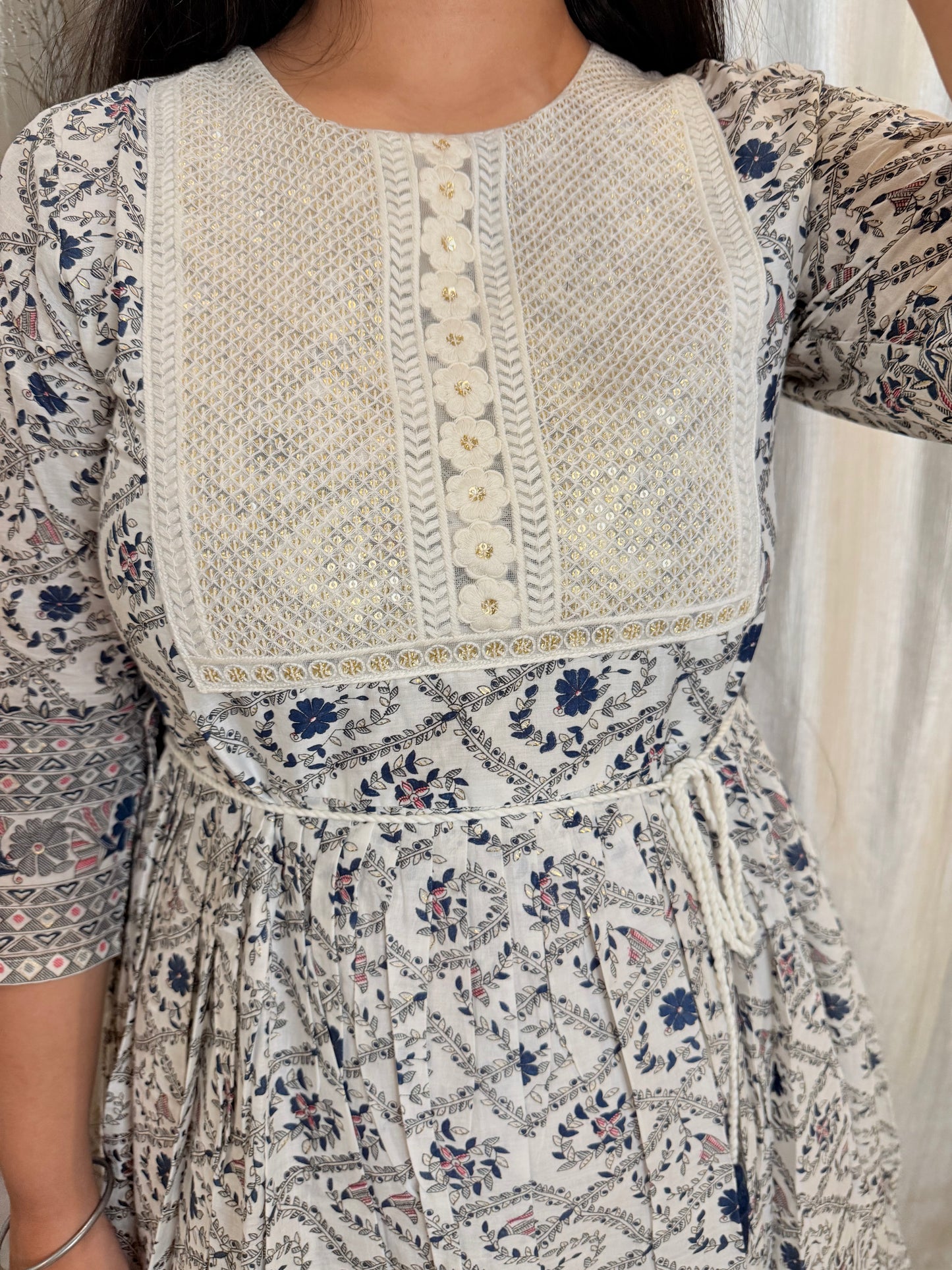 Printed Mul Cotton Anarkali – Blue & Pink with Sequin and Thread Embroidery