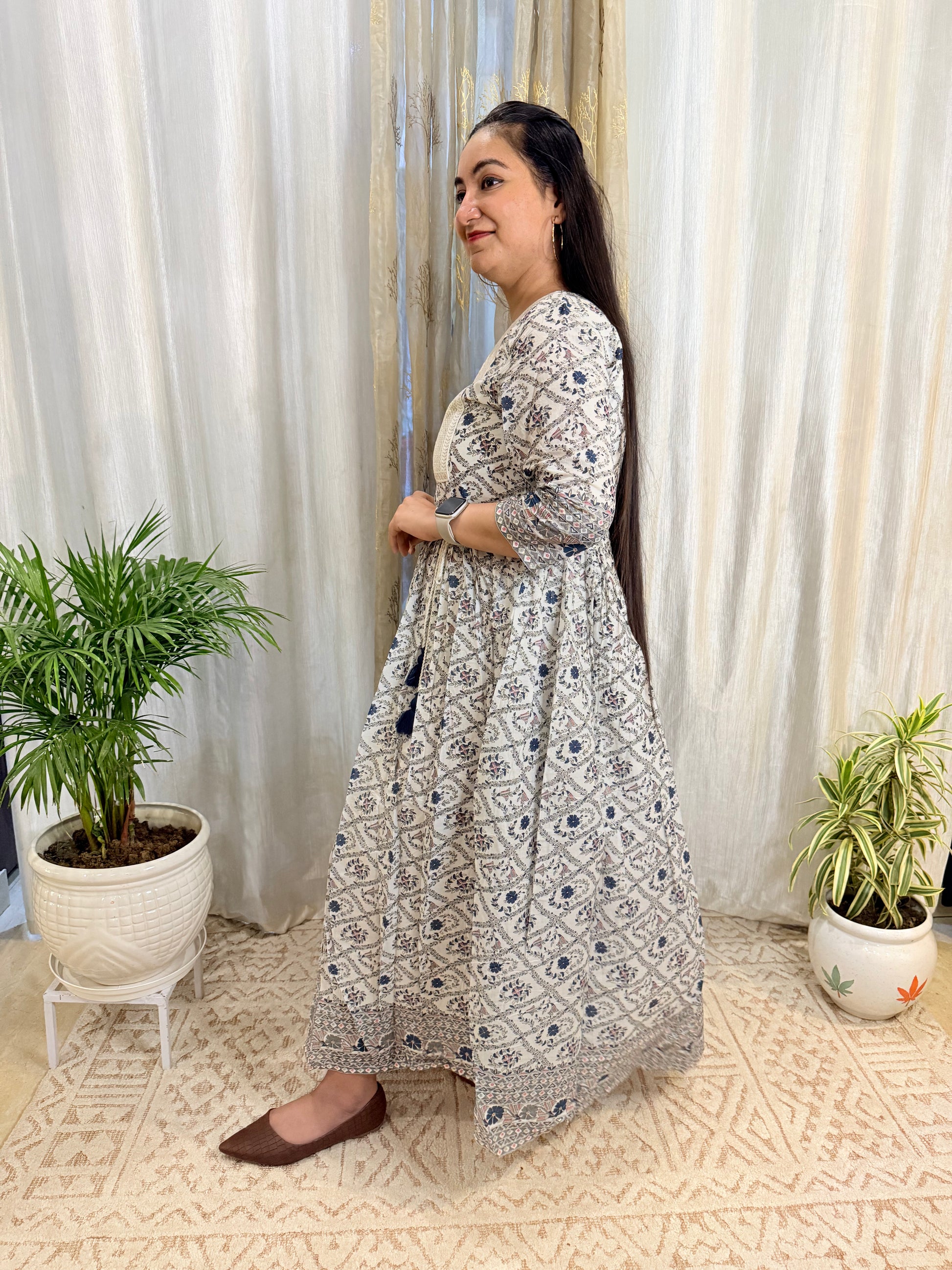 Printed Mul Cotton Anarkali – Blue & Pink with Sequin and Thread Embroidery