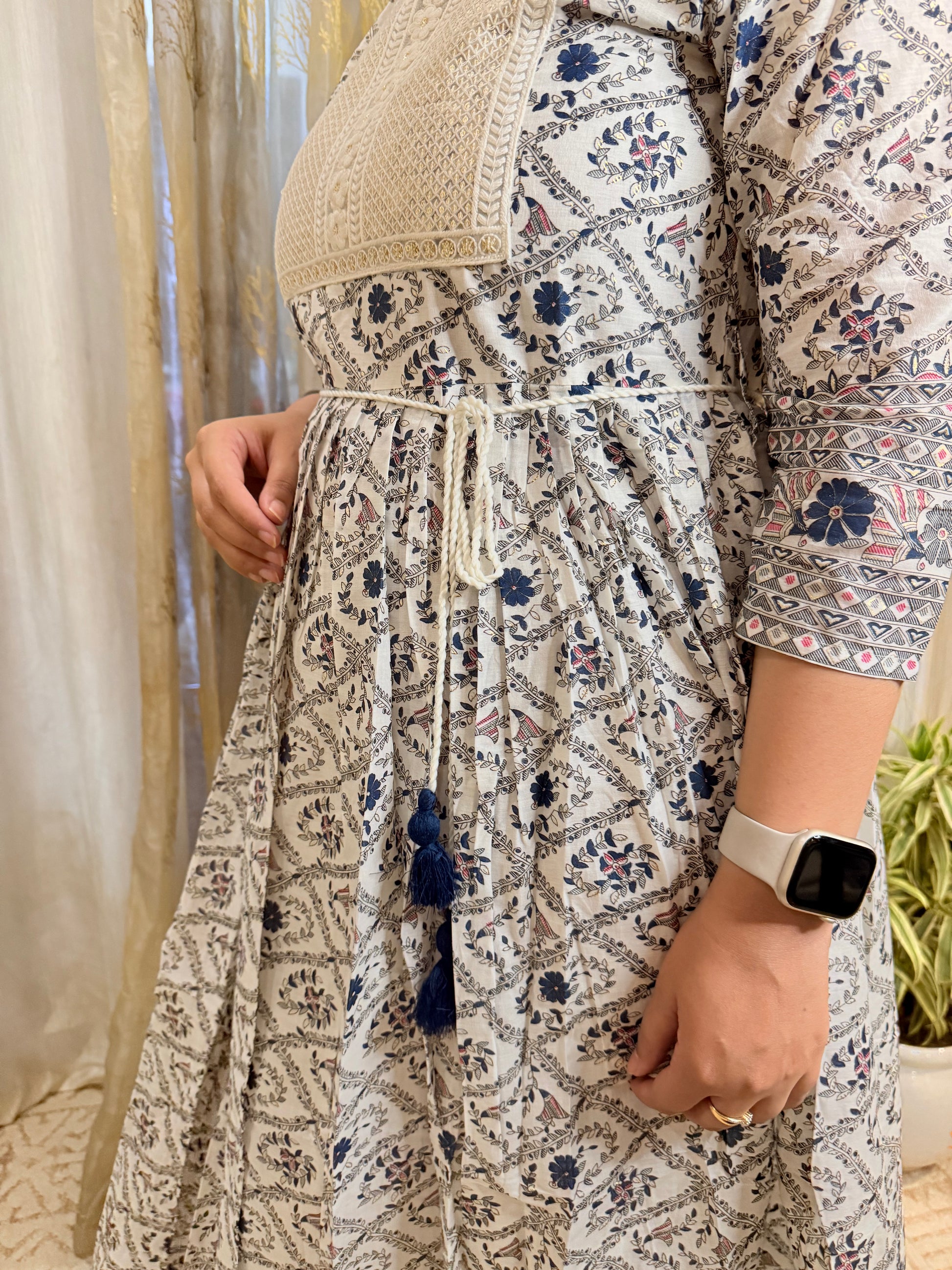 Printed Mul Cotton Anarkali – Blue & Pink with Sequin and Thread Embroidery