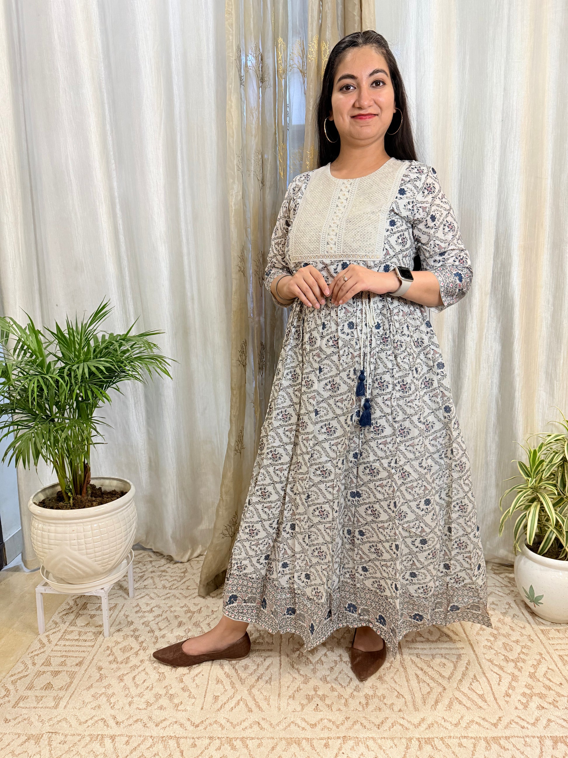 Printed Mul Cotton Anarkali – Blue & Pink with Sequin and Thread Embroidery