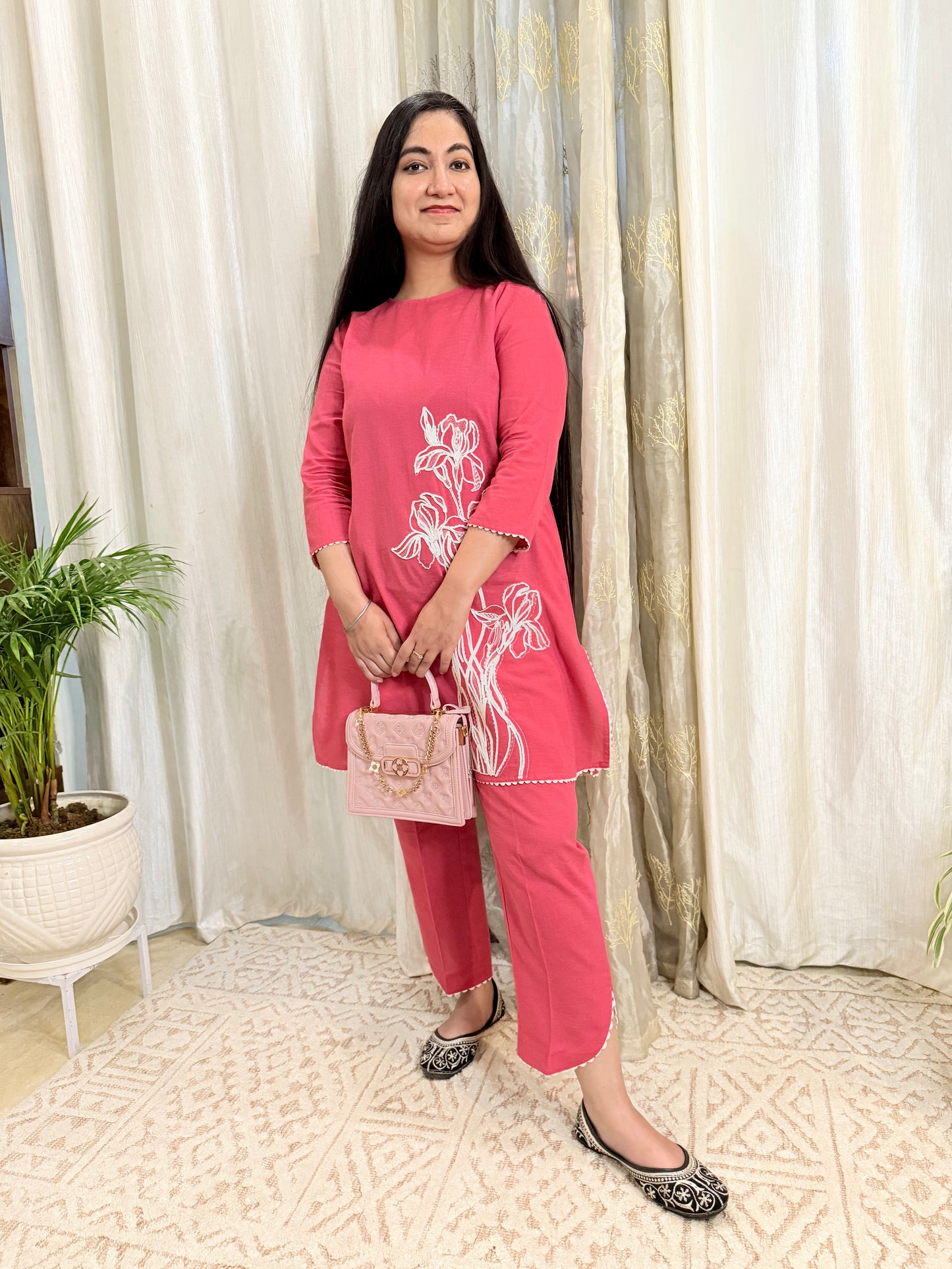 Rose Pink Cotton Coord Set with Fine Embroidery – Elegant Everyday Wear