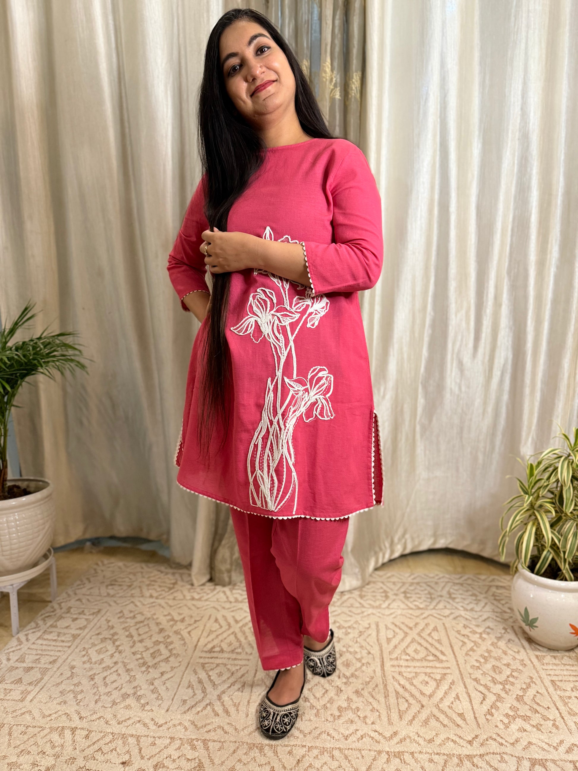 Rose Pink Cotton Coord Set with Fine Embroidery – Elegant Everyday Wear
