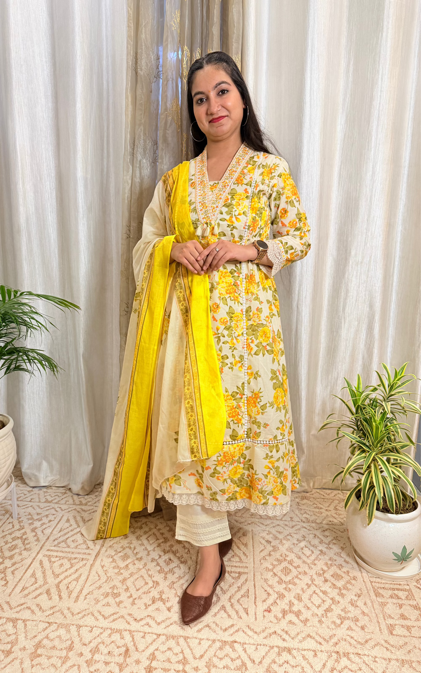 Sunshine Bloom Cotton Suit with Delicate Lace Detailing